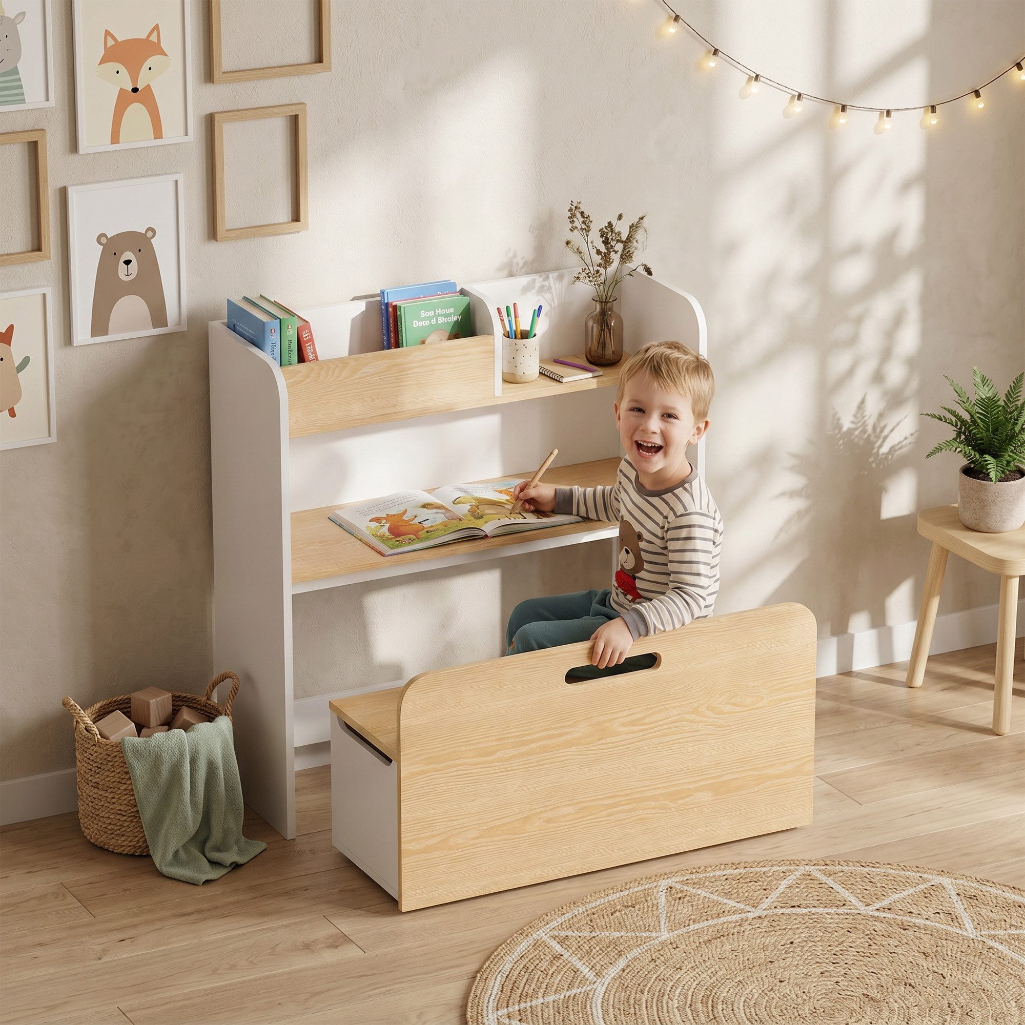 AIYAPLAY Kindersitzgruppe Kindertisch mit Sitzbank 5-in-1 mit Bücherregal rollbar Truhebank, (Kinder Tisch Stuhl Set, 2-tlg., Kindermöbel), für Kinderzimmer, für 3-8 Weiß