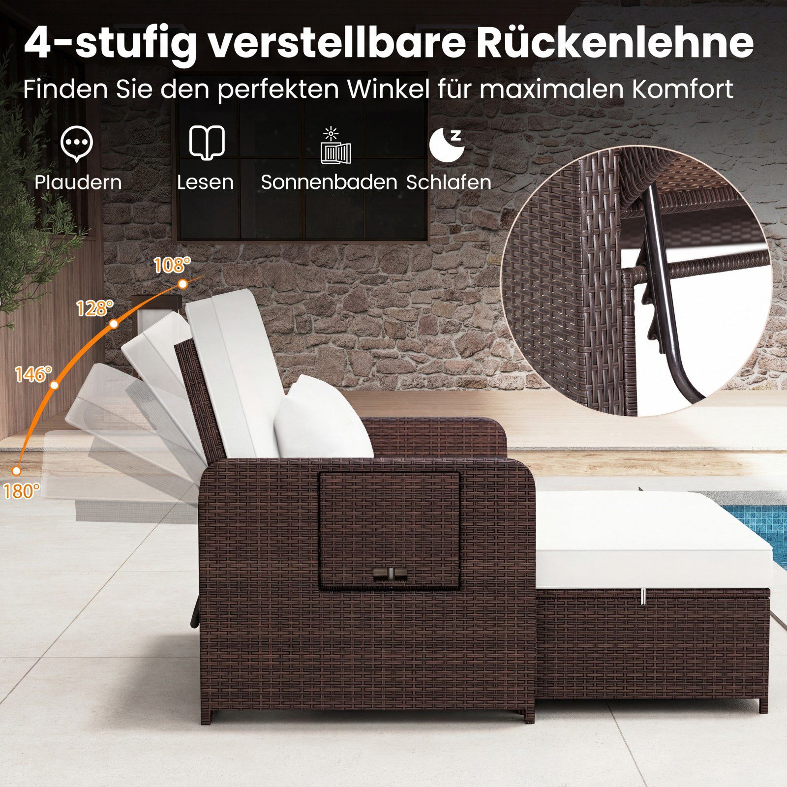 COSTWAY Loungebett, Rattan, 2-Personen, 3 in 1, mit verstellbarer Rückenlehne