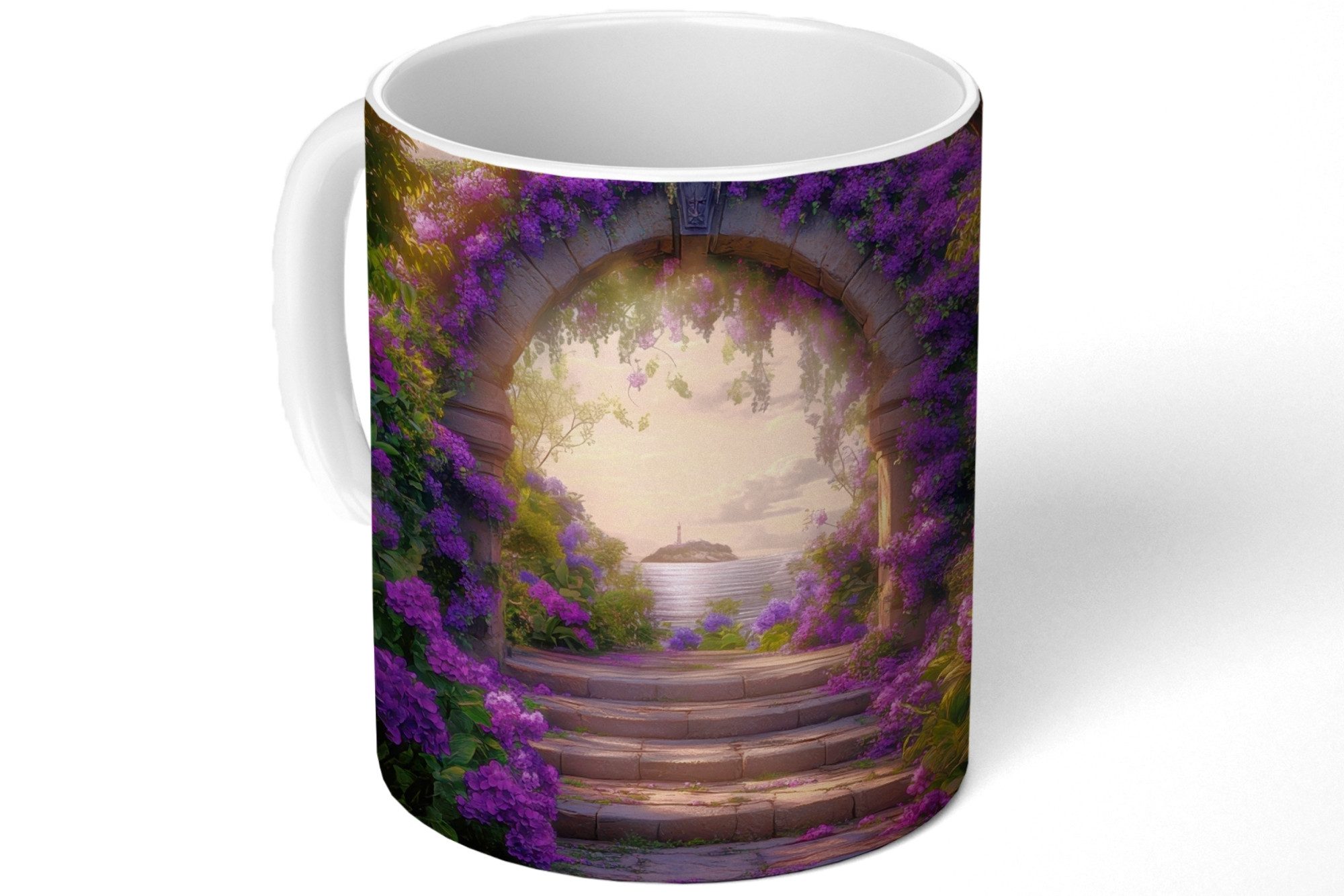 MuchoWow Tasse Tor - Lila - Blumen, 1-tlg., Keramik, Kaffeetassen, Teetasse, Becher, Kaffeebecher, Geschenk