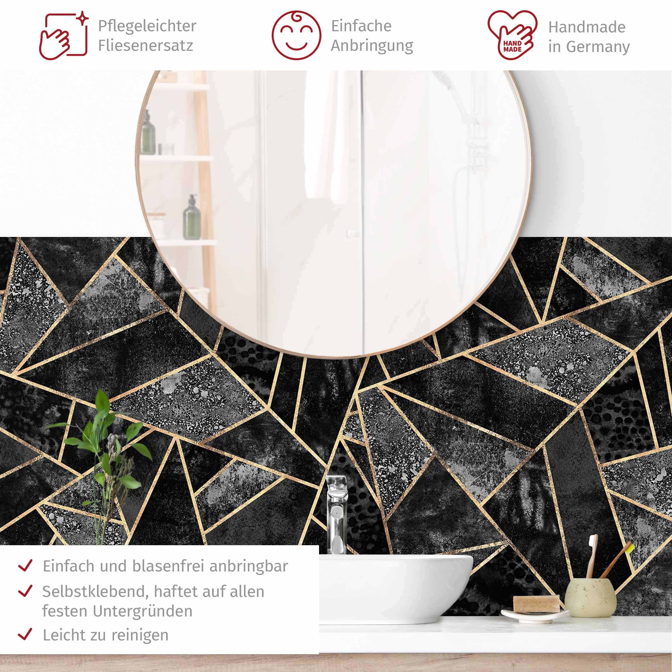 Bilderdepot24 Badrückwand schwarz fugenlose Wandverkleidung Bad Abstrakt, (Hartfolie matt » Selbstklebend SMART 0,35 mm), wasserfestes Wandpaneel Graue Dreiecke Gold II