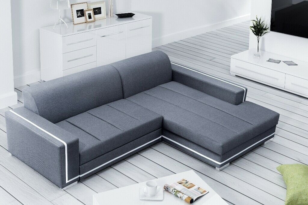 JVmoebel Ecksofa, Ecksofa mit Schlaffunktion Bettfunktion Kasten Sofa Couch Grau/Weiß