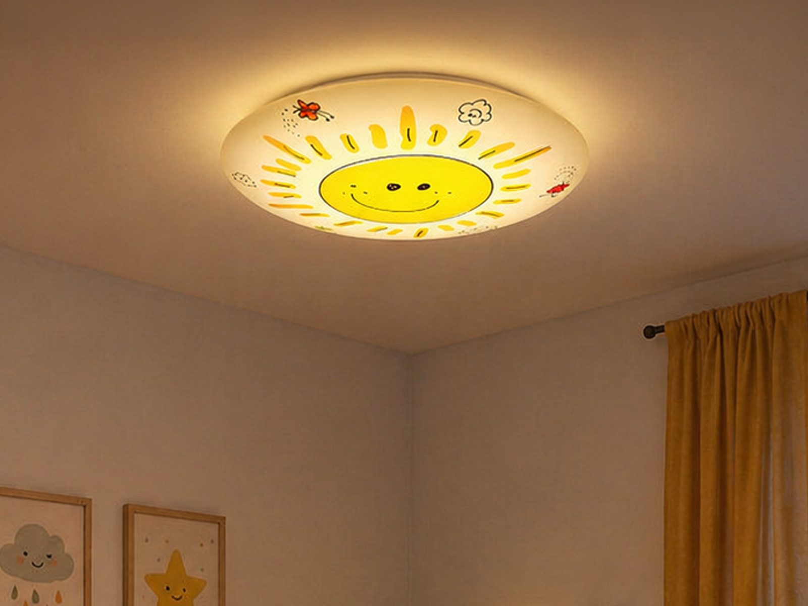 niermann LED Deckenleuchte für Kinder mit Sonnen-Motiv, Ø 35cm, dimmbar, LED wechselbar, Warmweiß, Coole Kinder-Lampe flach für die Decke im Jugendzimmer & E27 LED
