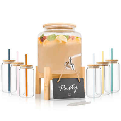 SÄNGER Getränkespender Set mit Holzständer, 6x Gläsern, 6x Strohhalmen, inkl. Zapfhahn, für heiße und gekühlte Getränke, 5 Liter