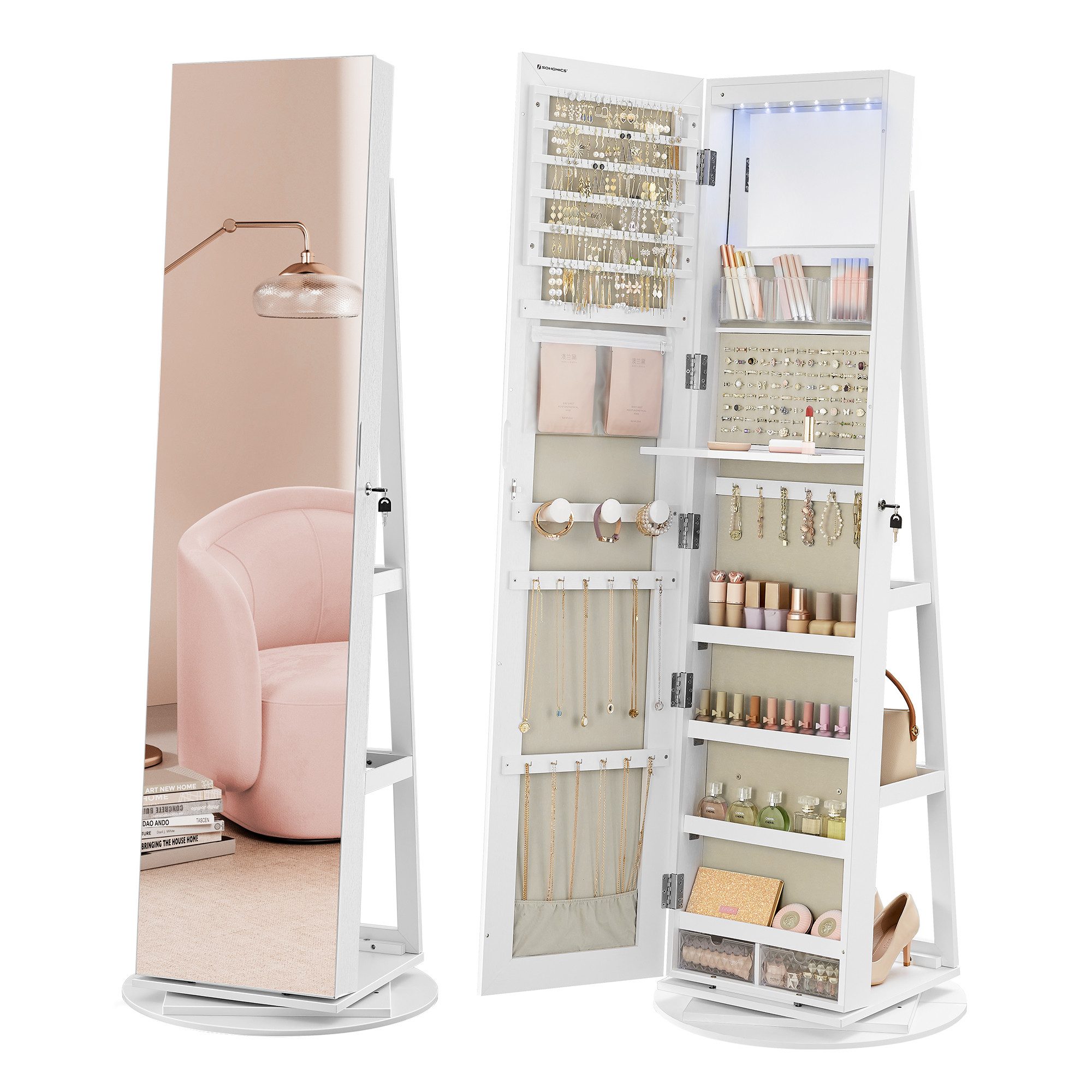 SONGMICS Schmuckschrank mit LED und Spiegel, 3 Ablagen, 360° drehbar, weiß günstig online kaufen