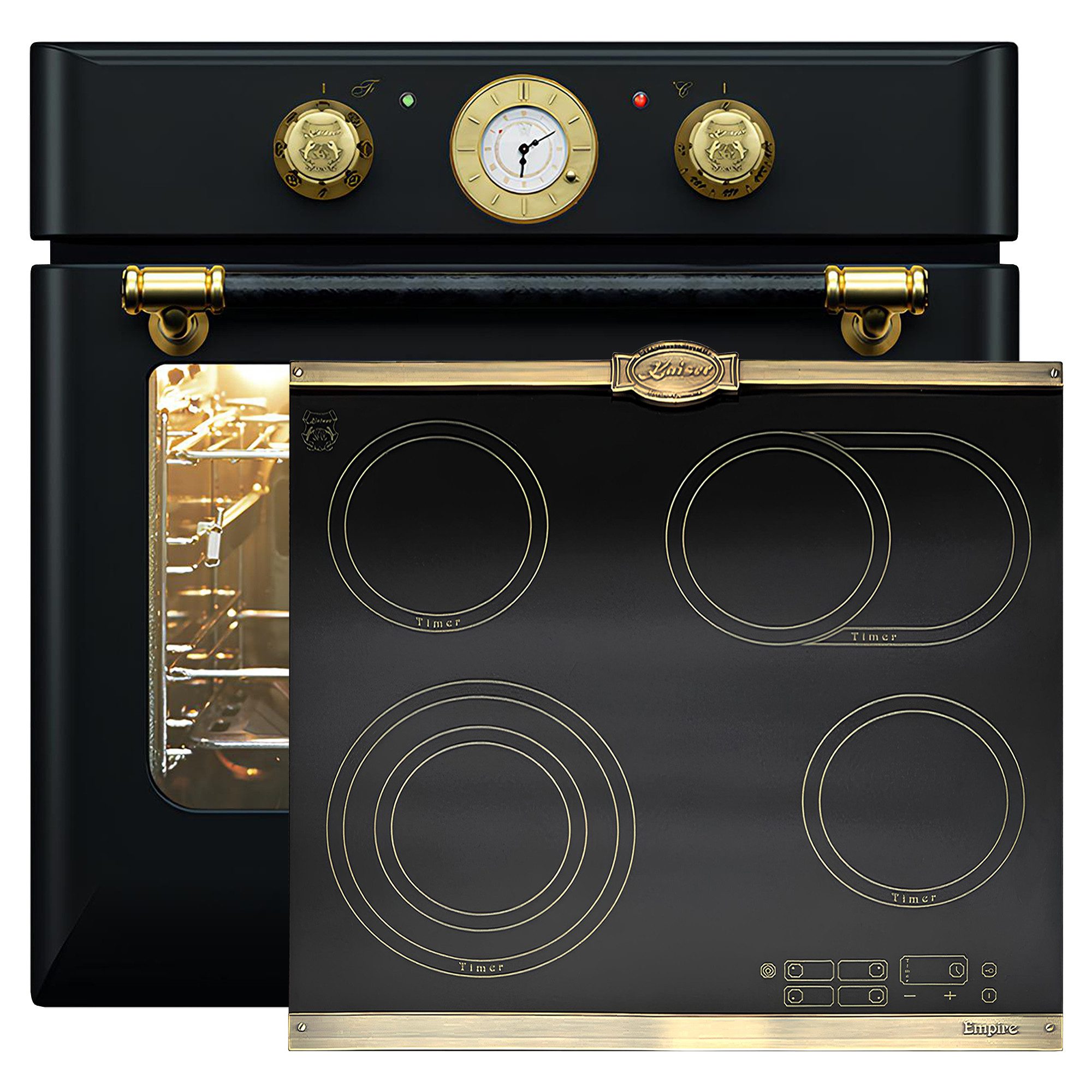 Kaiser Küchengeräte Backofen-Set Herd Set Autark Retro Einbau Backofen Elektro, 68 L mit Glaskeramik Kochfeld 60 cm Einbau Herd 4 QuickHeat-Kochzonen Hi-Light Schwarz EH 6432 BE +KCT 6185 Em., mit 1-fach-Teleskopauszug, Katalytische Selbstreinigung