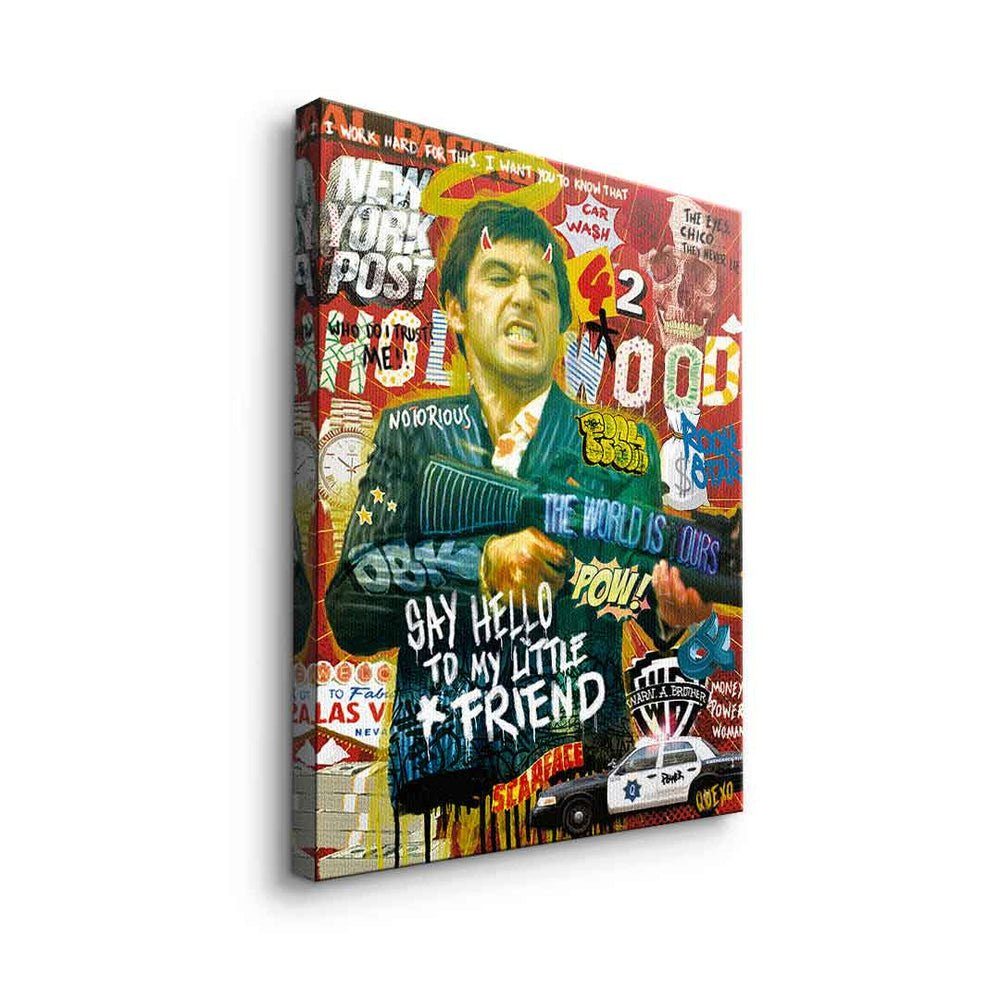 Tony Art Pop Scarface hello schwarzer Leinwandbild Say Leinwandbild, collage Al Rahmen DOTCOMCANVAS® Pacino Montana