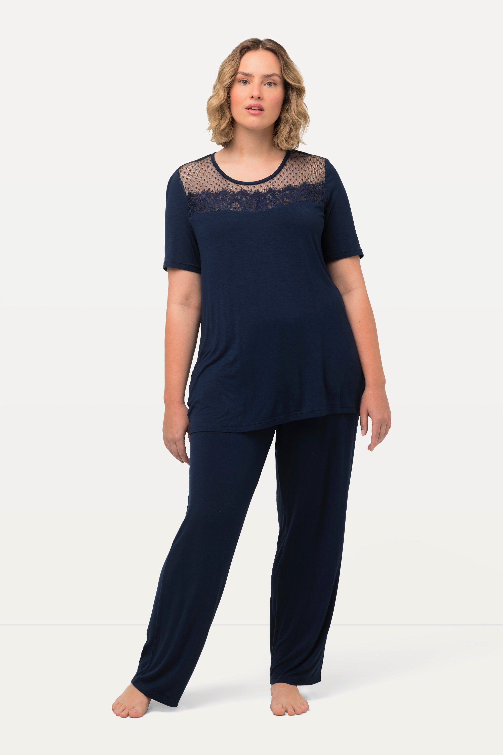 Pyjama Femme 2 Pièces Ulla Popken - Col Et Manches à Bords Dentelés, Pantalon Imprimé Dentelle, Coton Doux