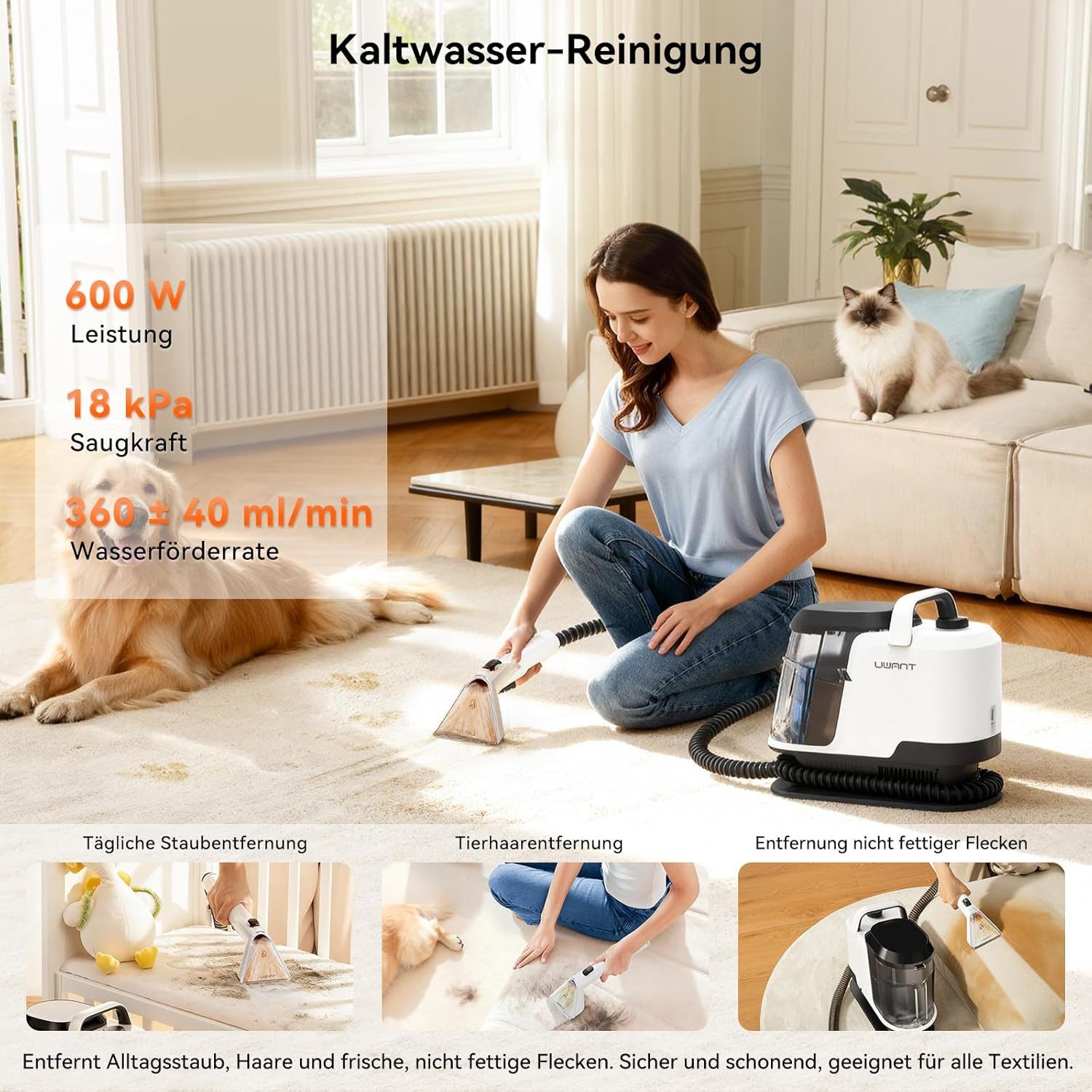 UWANT Teppichreinigungsgerät Uwant Y100 Steam 4-in-1 Teppichreinigungsgerät 28000PA, 1750 W, Waschsauger, 100°C Dampf, 65°C HeiBwasser, Kaltwasser-Funktion, Selbstreinigung