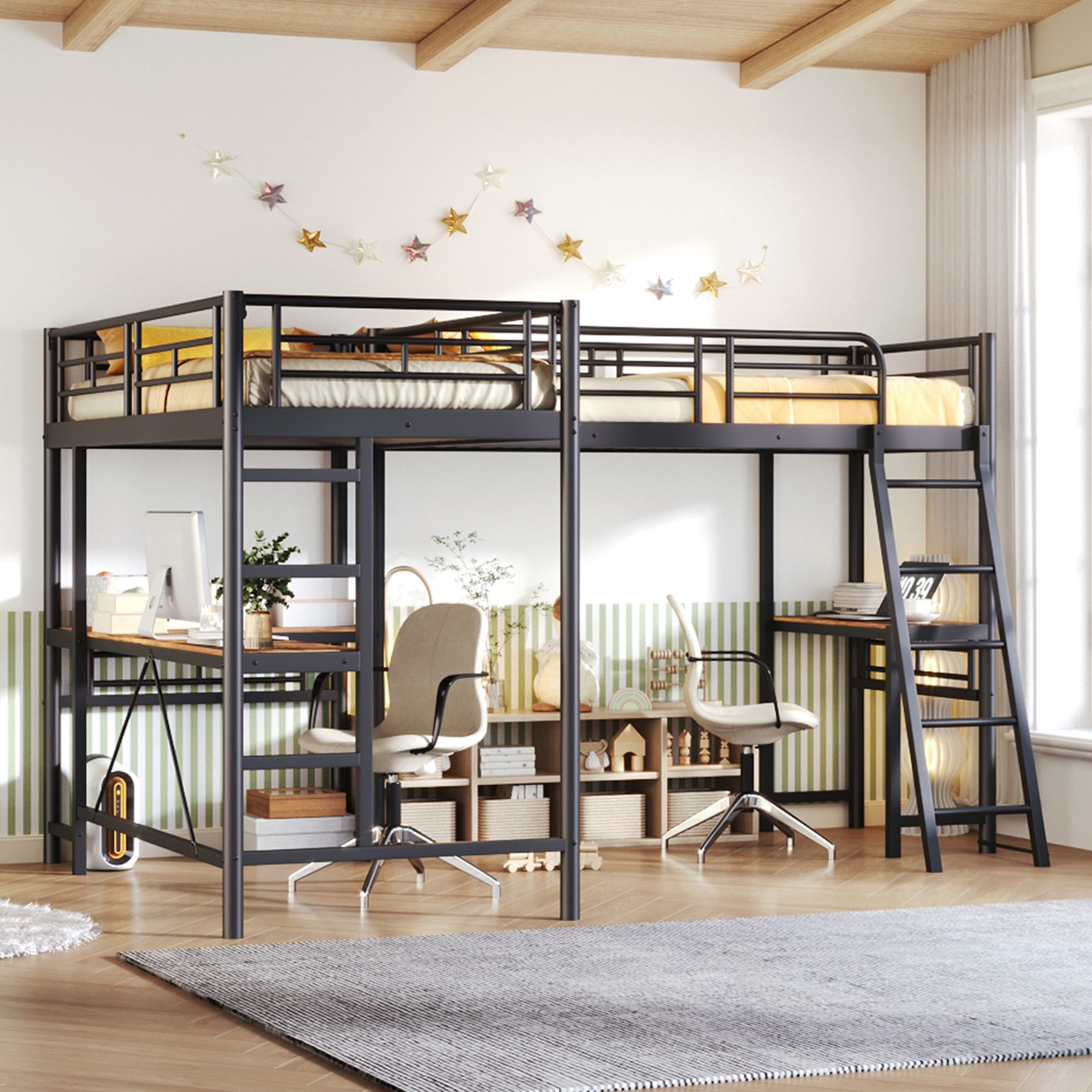 Flieks Hochbett Kinderbett Metallbett 90x200cm mit 2 Liegefläche und Schreibtisch – Bild 3 von 5
