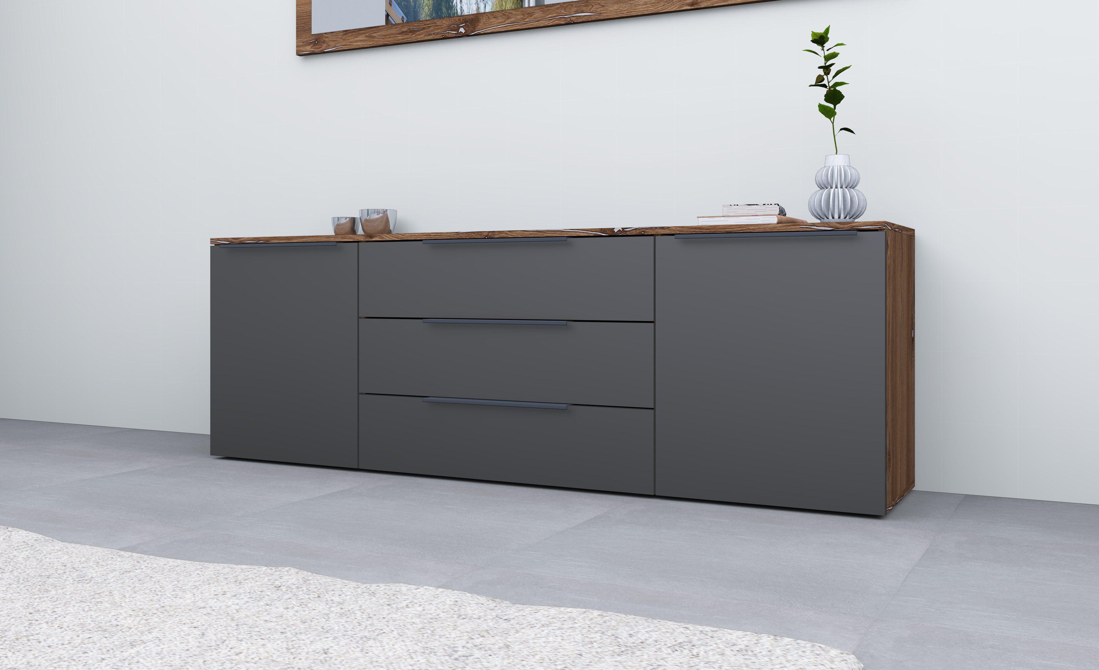 borchardt Möbel Sideboard Tom, Kommode Breite 166cm, hängend oder stehend mit Metallgriffen, 2 Türen 3 Schubkästen, verstellbare Einlegeböden