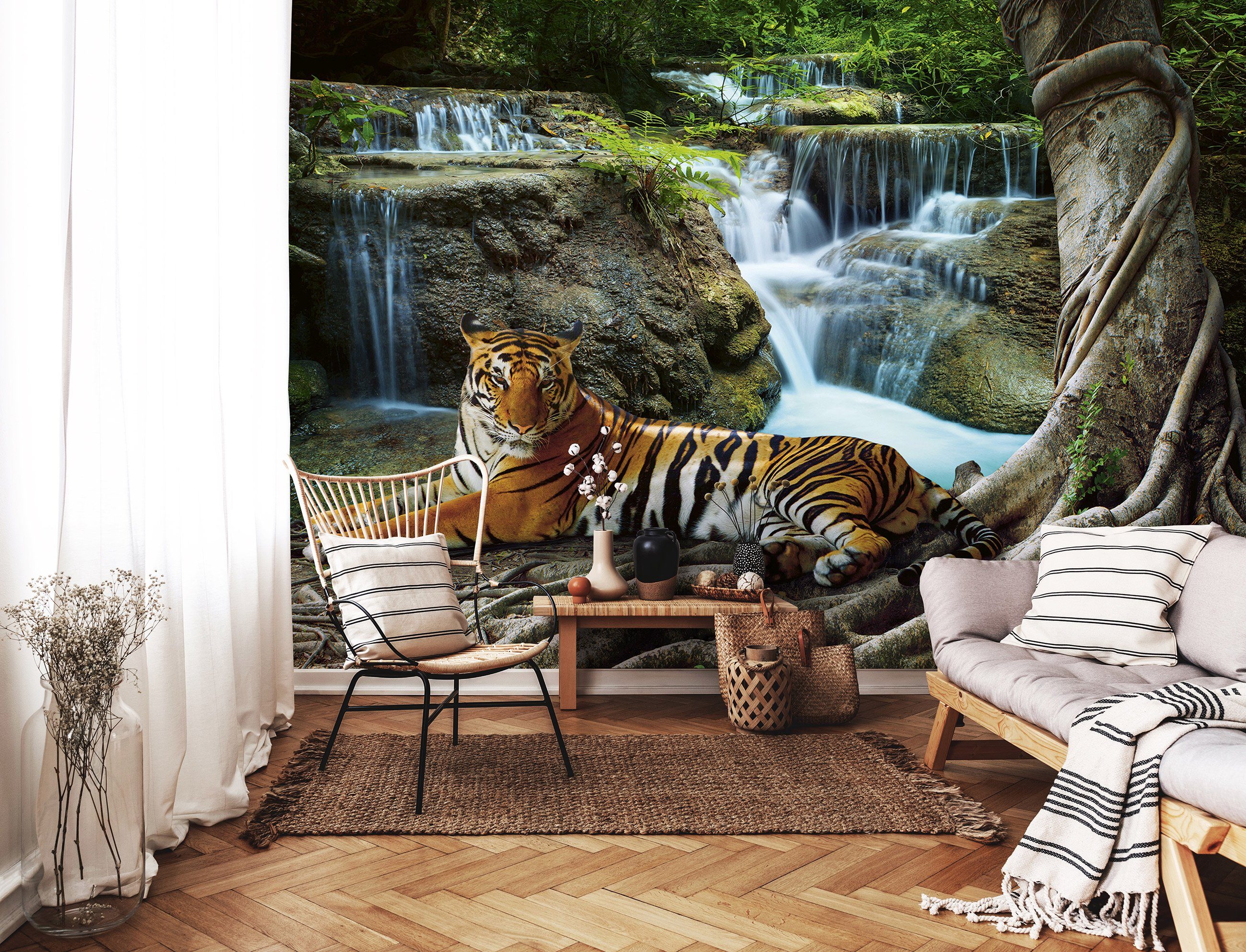 Wallarena Fototapete Wasserfall Tiger Tiere Wald Natur Landschaft Wohnzimme günstig online kaufen
