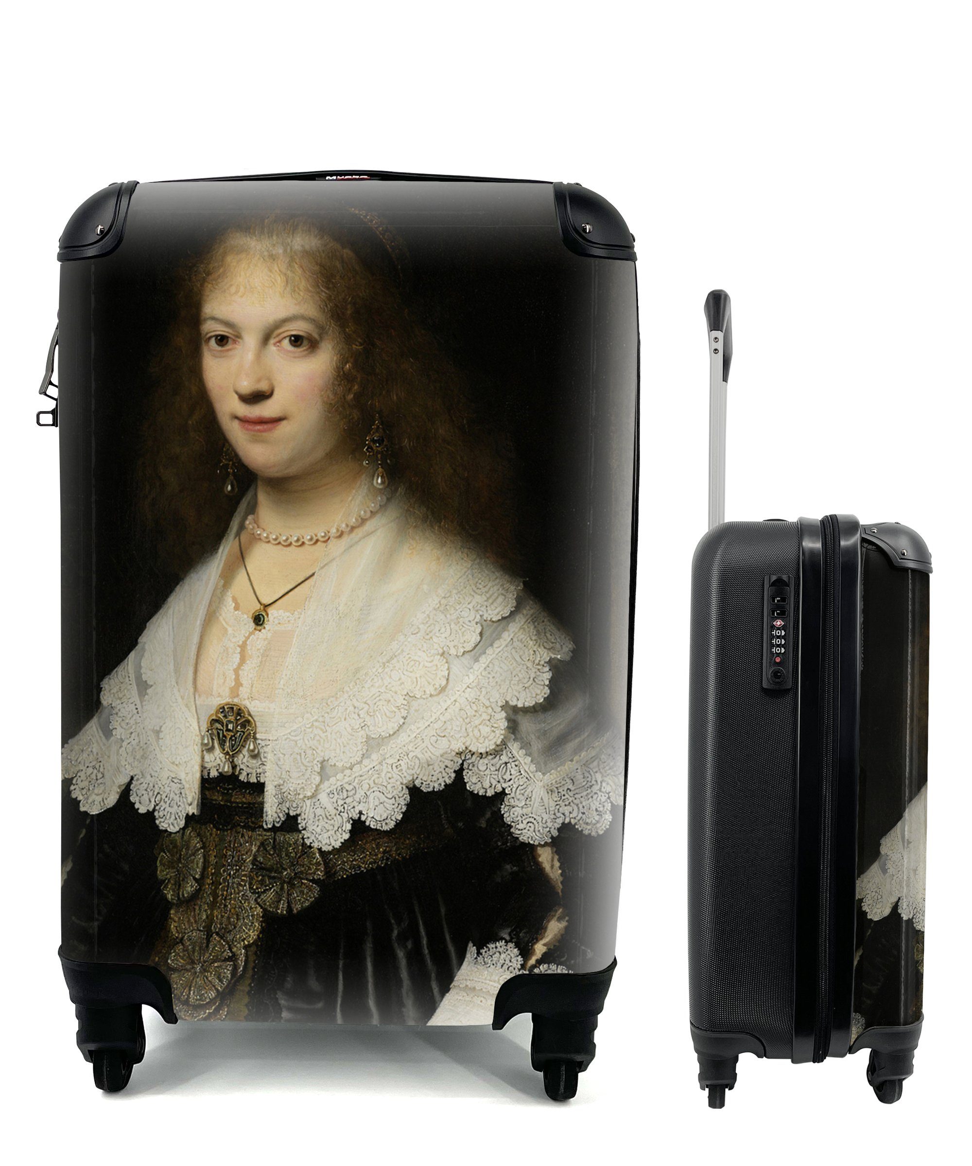 MuchoWow Handgepäckkoffer Porträt einer Frau, möglicherweise Maria Trip - Gemälde von Rembrandt, 4 Rollen, Reisetasche mit rollen, Handgepäck für Ferien, Trolley, Reisekoffer
