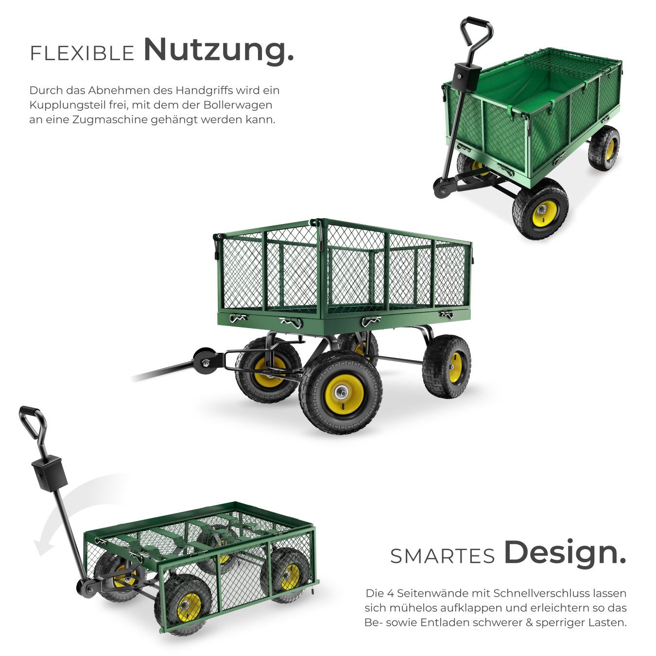 tectake Bollerwagen Handwagen mit Ablage max. 550kg mit klappbaren Seitenwänden (1 Transportwagen, 1-tlg., 150L Volumen in Grün), Luftreifen, leichtgängige Lenkachse mit gepolstertem Griff