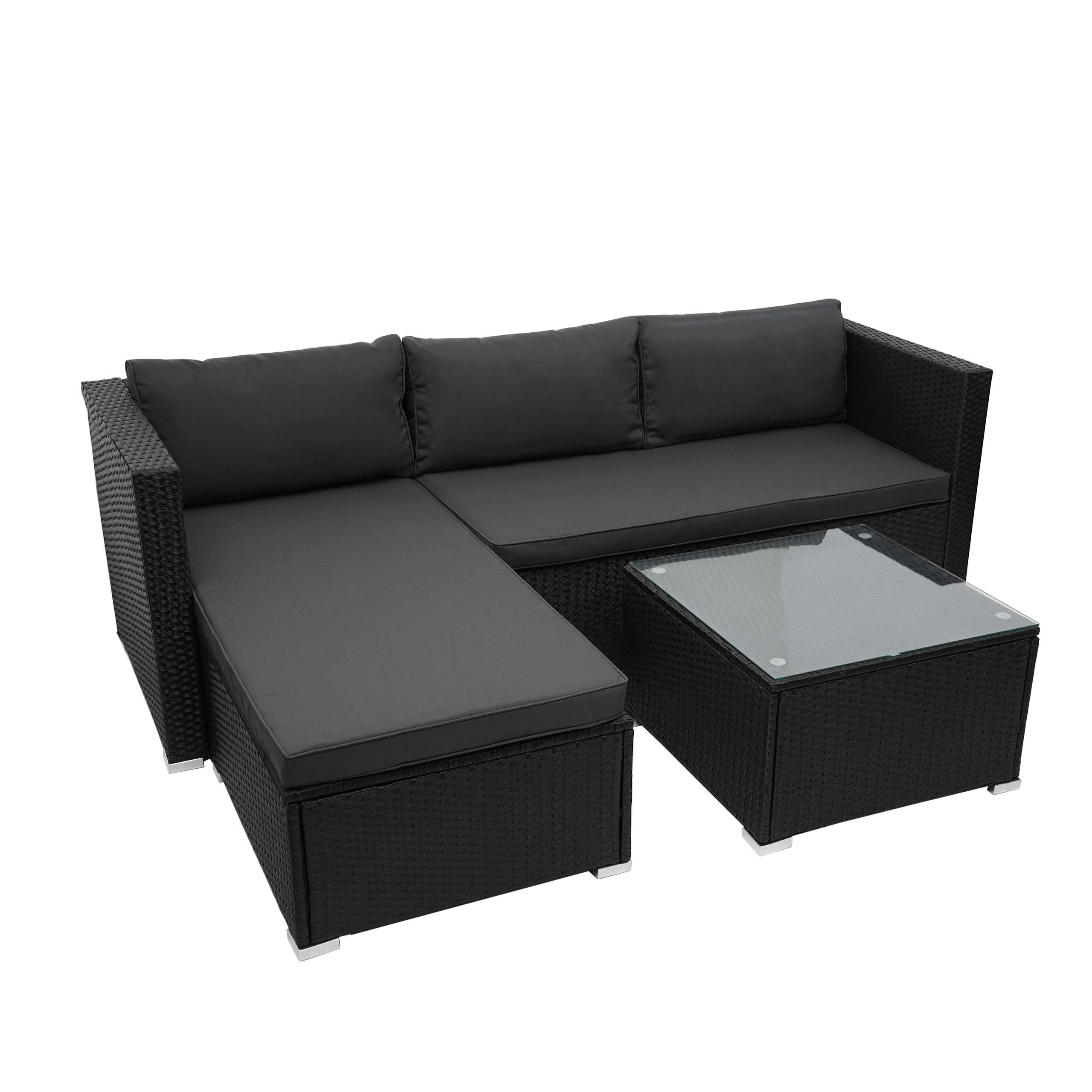 MCW Poly-Rattan Garnitur F57 3-teilig Schwarz Kissen Dunkelgrau ohne Deko-K günstig online kaufen