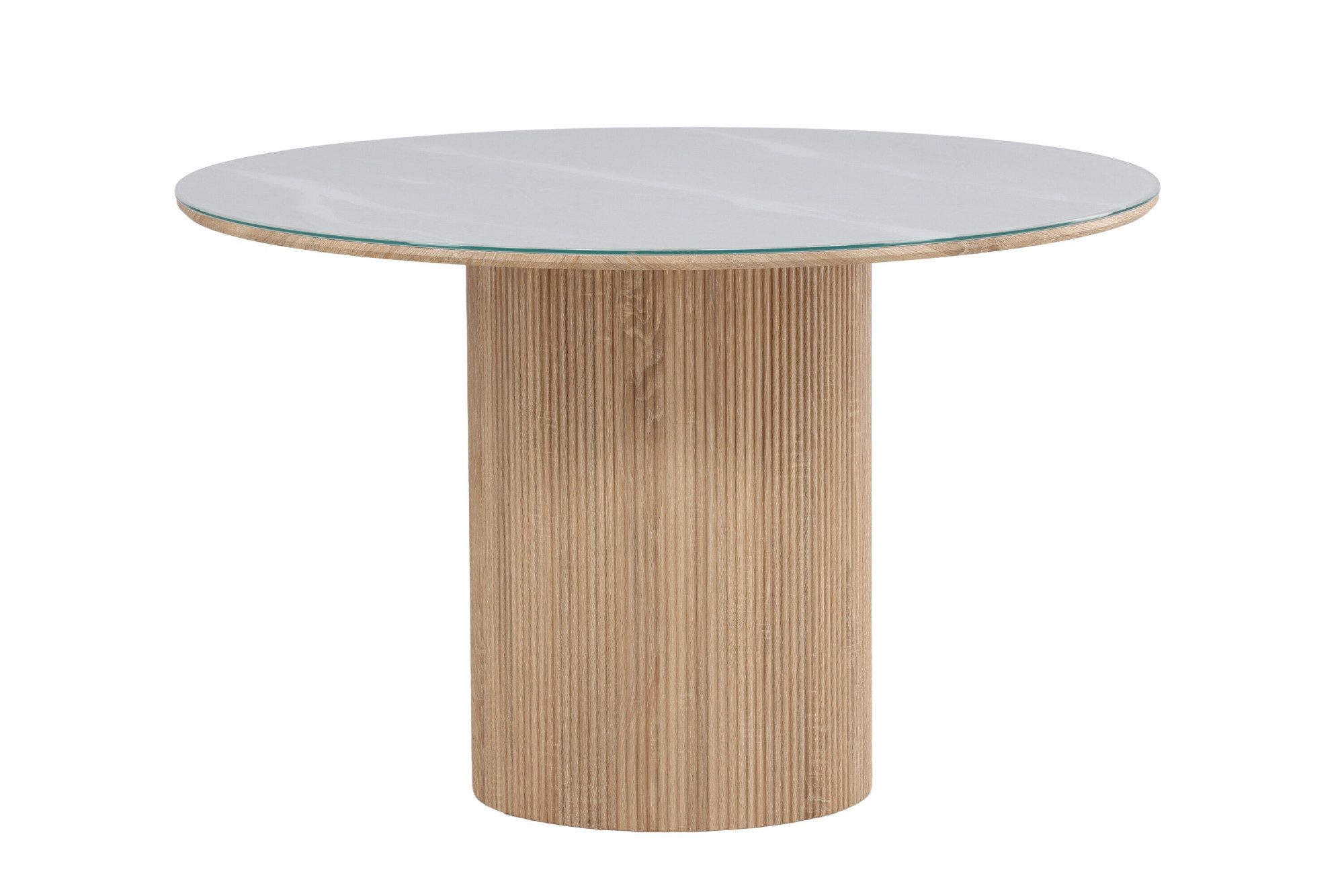 Venture Home Esstisch Härön, runder Esstisch Ø 120 cm mit Glasplatte und Holzfuß, FSC, Esszimmertisch, transparente Platte, MDF-Mittelfuß, gerippt, hell