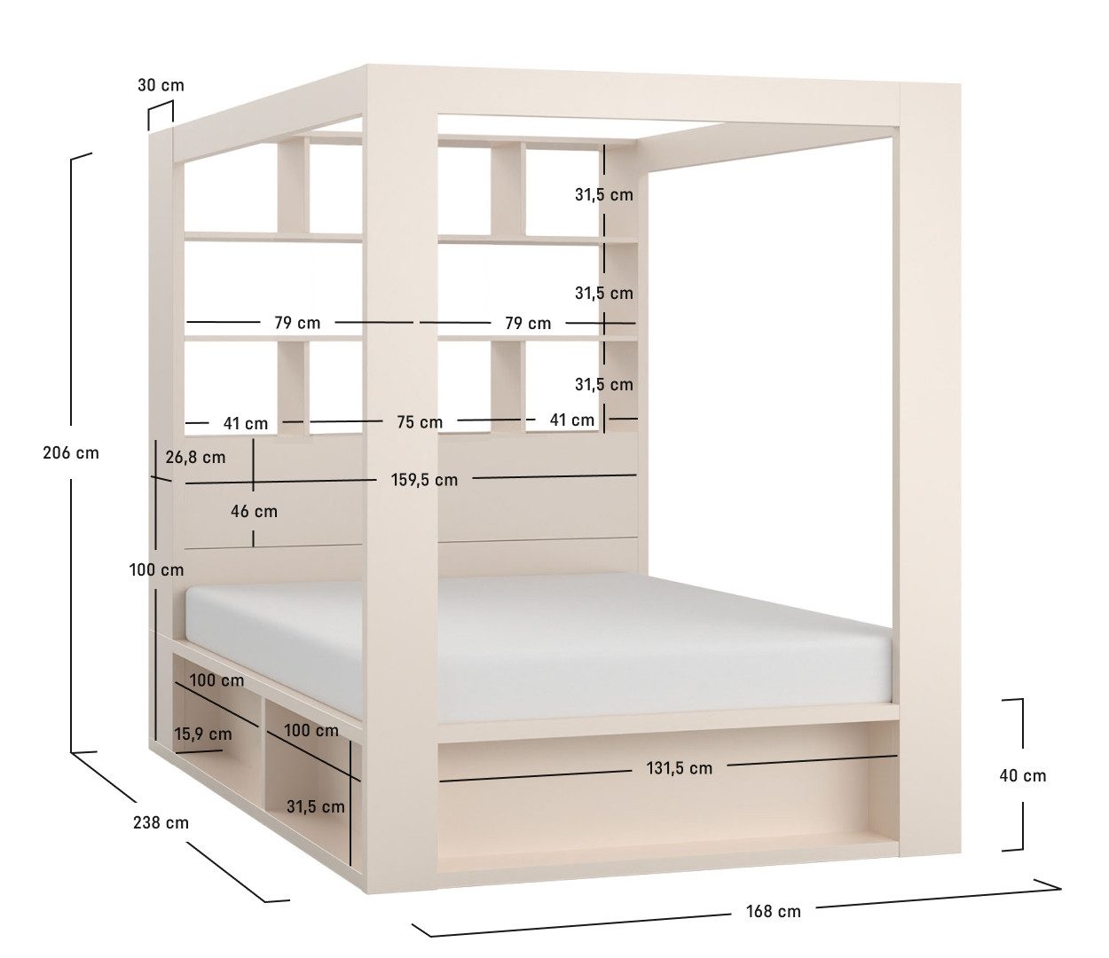 QMM TraumMöbel Himmelbett Calgary 160x200 sandbeige mit Lattenrost 2 Bettkasten, Regal (Einzelnes Möbelstück, 1-tlg., Bett), mit Bettkasten und integriertem Bücherregal