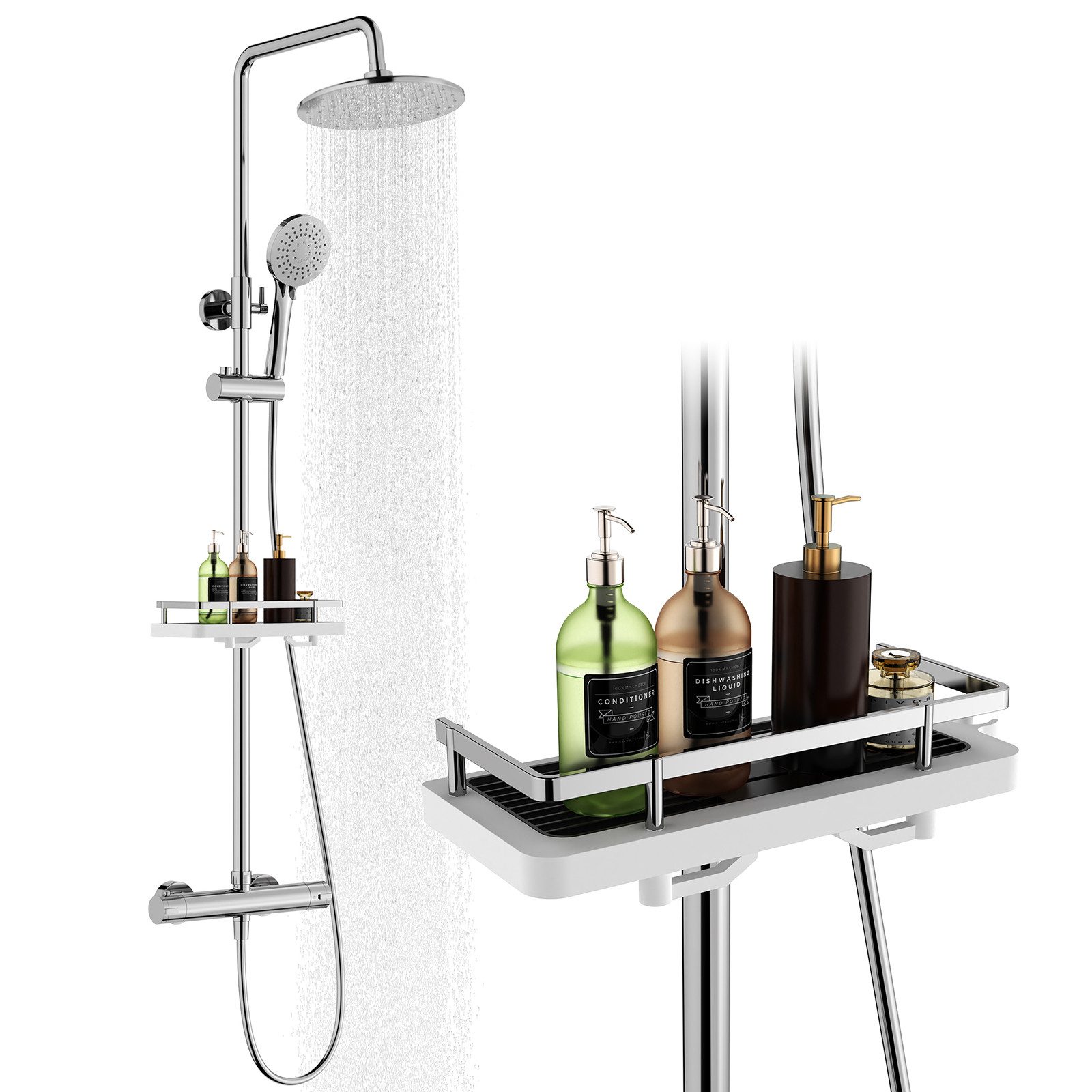Duschsystem mit Thermostat und Duschablage - Duscharmatur Komplettset verchromt