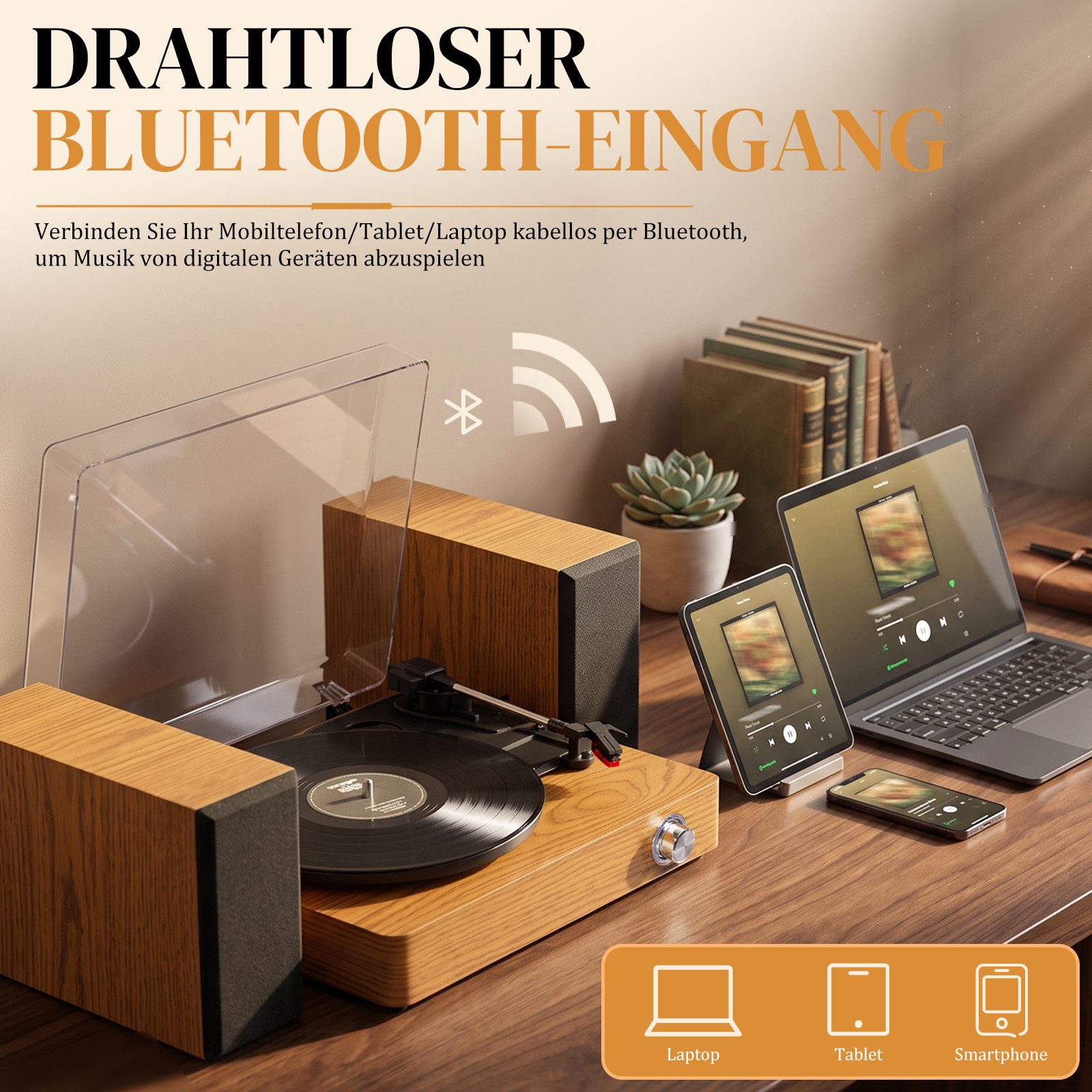 LALAHO Retro Plattenspieler mit separaten Stereolautsprechern, Bluetooth Plattenspieler (33/45/78 U/min, Staubschutzhaube, AUX‑ & RCA‑Anschluss) – Bild 2 von 5
