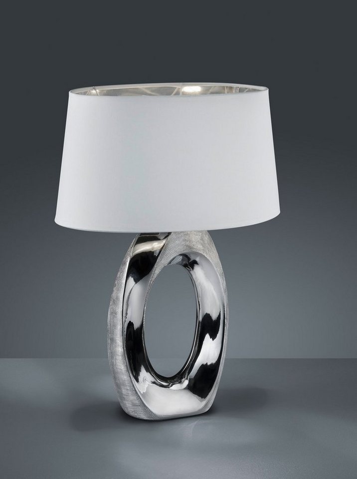 TRIO Leuchten Schreibtischlampe Taba, E27 Tischleuchte mit Keramikfuß und  weiß-silberfarbigem Stoffschirm