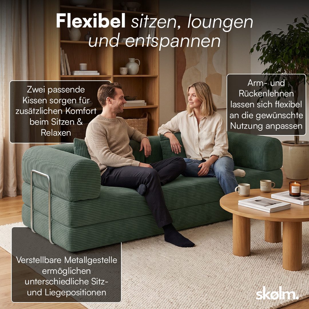 skølm Sofa & Sessel Lofn aus Vollschaum Cord, umwandelbar zum Schlafsofa/-Sessel, Dunkelgrün, Cordsofa 200 cm breit, 2 Sitzer, kein Aufbau erforderlich, vakuumi – Bild 4 von 5