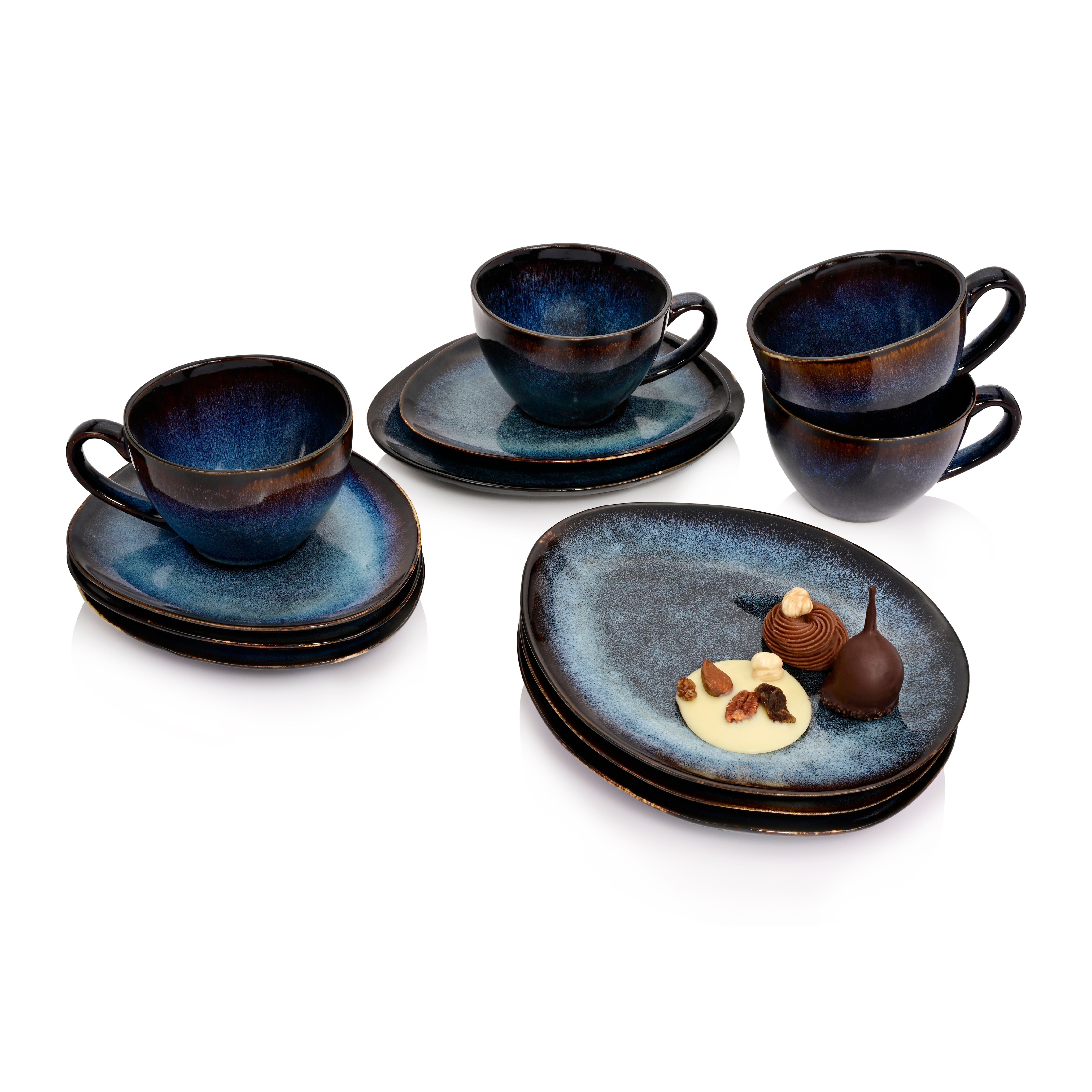 SÄNGER Kaffeeservice Tokio Kaffeetassen Set (12-tlg), 4 Personen, Steingut, Blau Schwarz, Handmade, Premium Collection