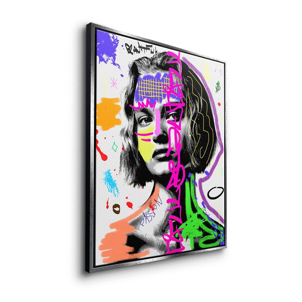 DOTCOMCANVAS® Leinwandbild, Leinwandbild Pop Art goldener Lady weiß Rahmen Rahmen mit Power Graffiti premium