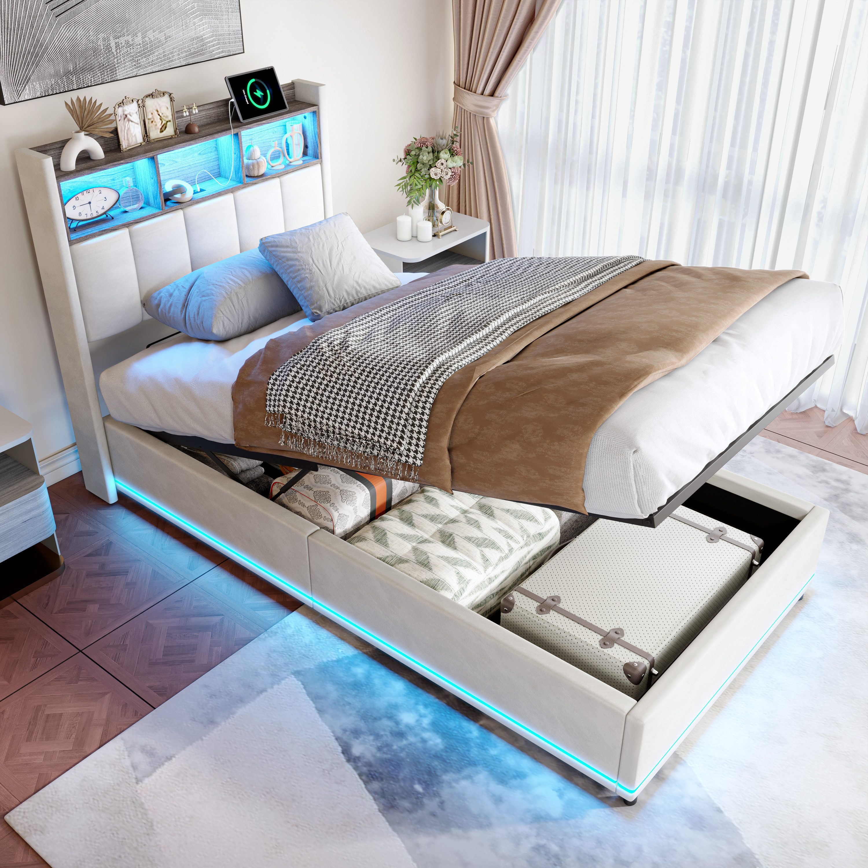 Furnishings Home Polsterbett 90x200 cm, LED Stauraumbett Jugendbett (1-tlg., Samtmaterial, Komforthöhe, Leises Design Bett), Mit Ladefunktion und Bettkasten LED-Beleuchtung Einzelbett
