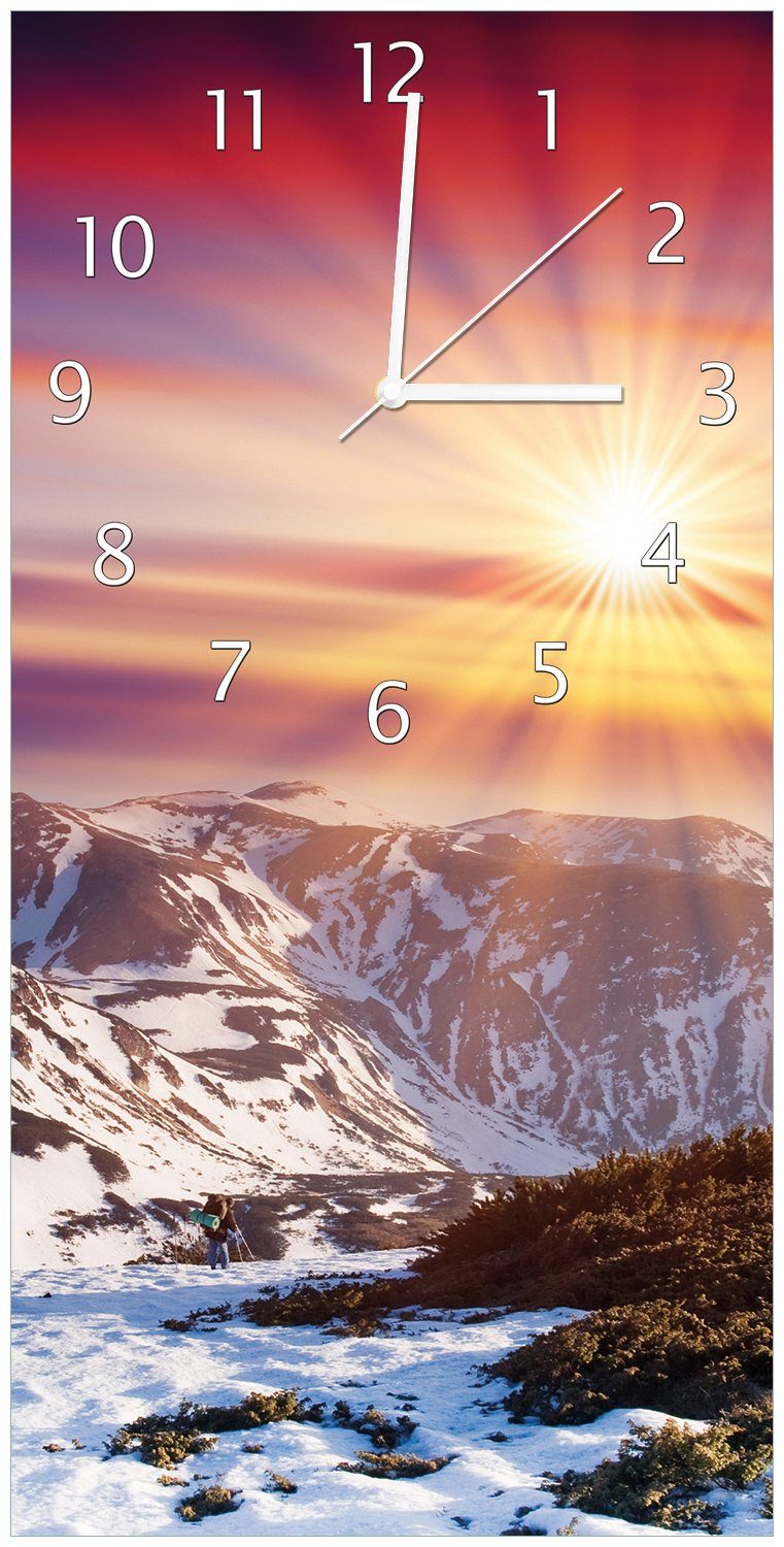 Wallario Wanduhr Farbenfroher Sonnenuntergang im Winter - Schnee in den Bergen (Uhr aus Acryl)