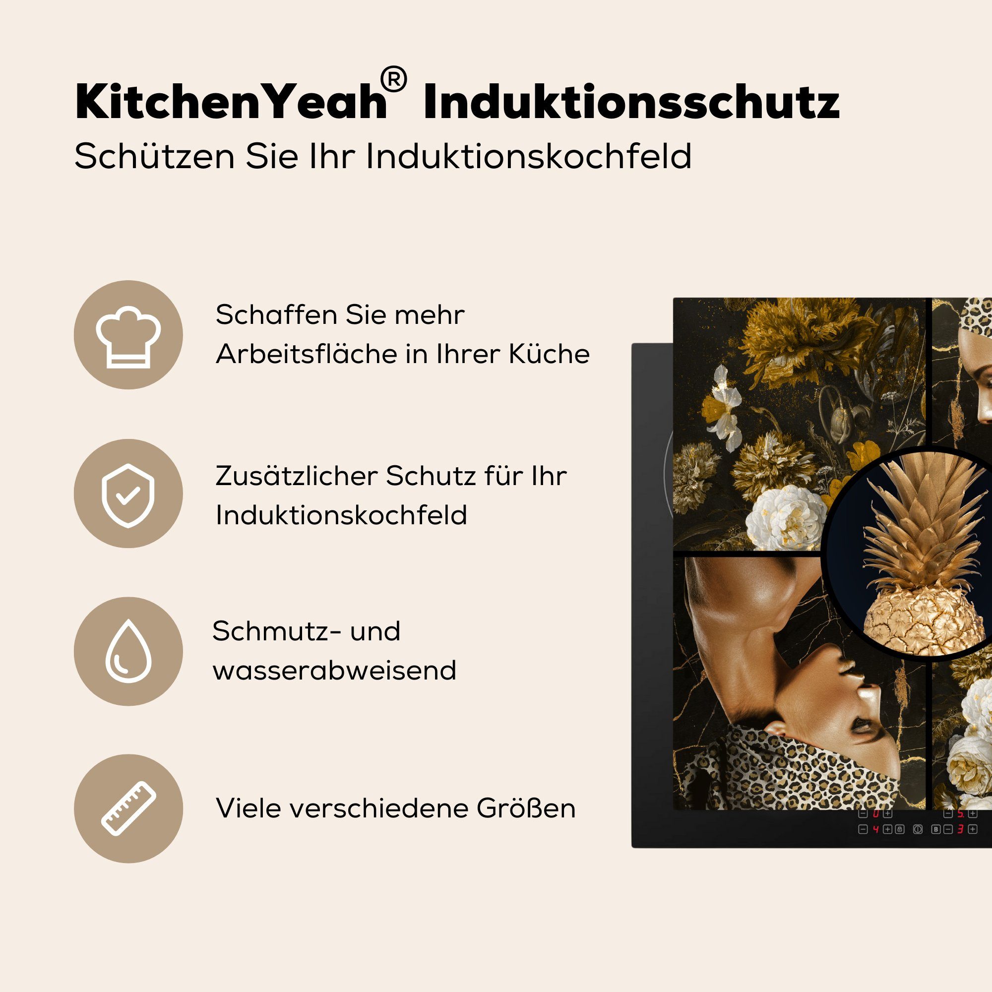 MuchoWow Herdblende-/Abdeckplatte Gold - Schwarz küche 78x78 Arbeitsplatte Frauen Ceranfeldabdeckung, Blumen, - - Vinyl, (1 für cm, tlg)