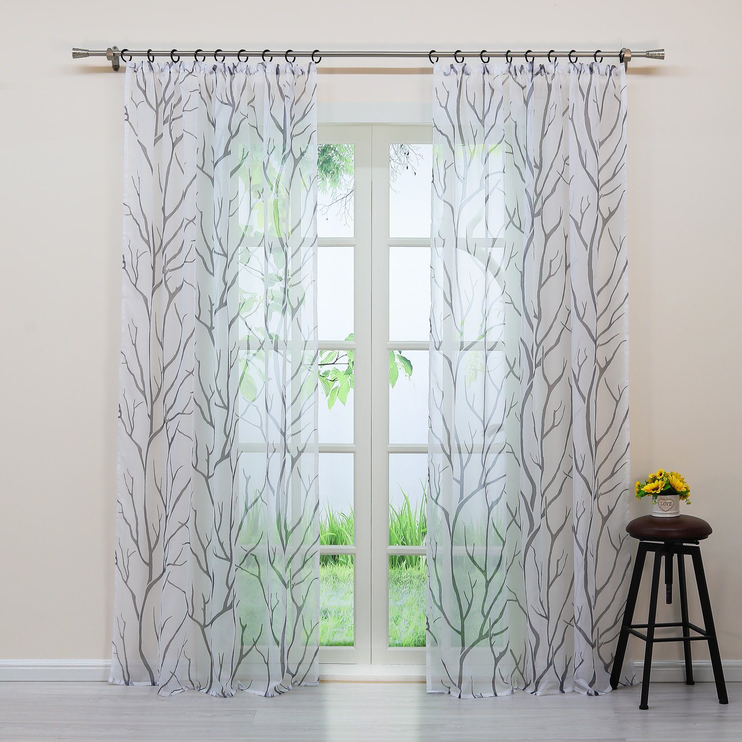 Gardine, Joyswahl, Kräuselband (1 St), transparent, mit Baumzweige Muster, Dekovorhang für Wohnzimmer Weiß-grau
