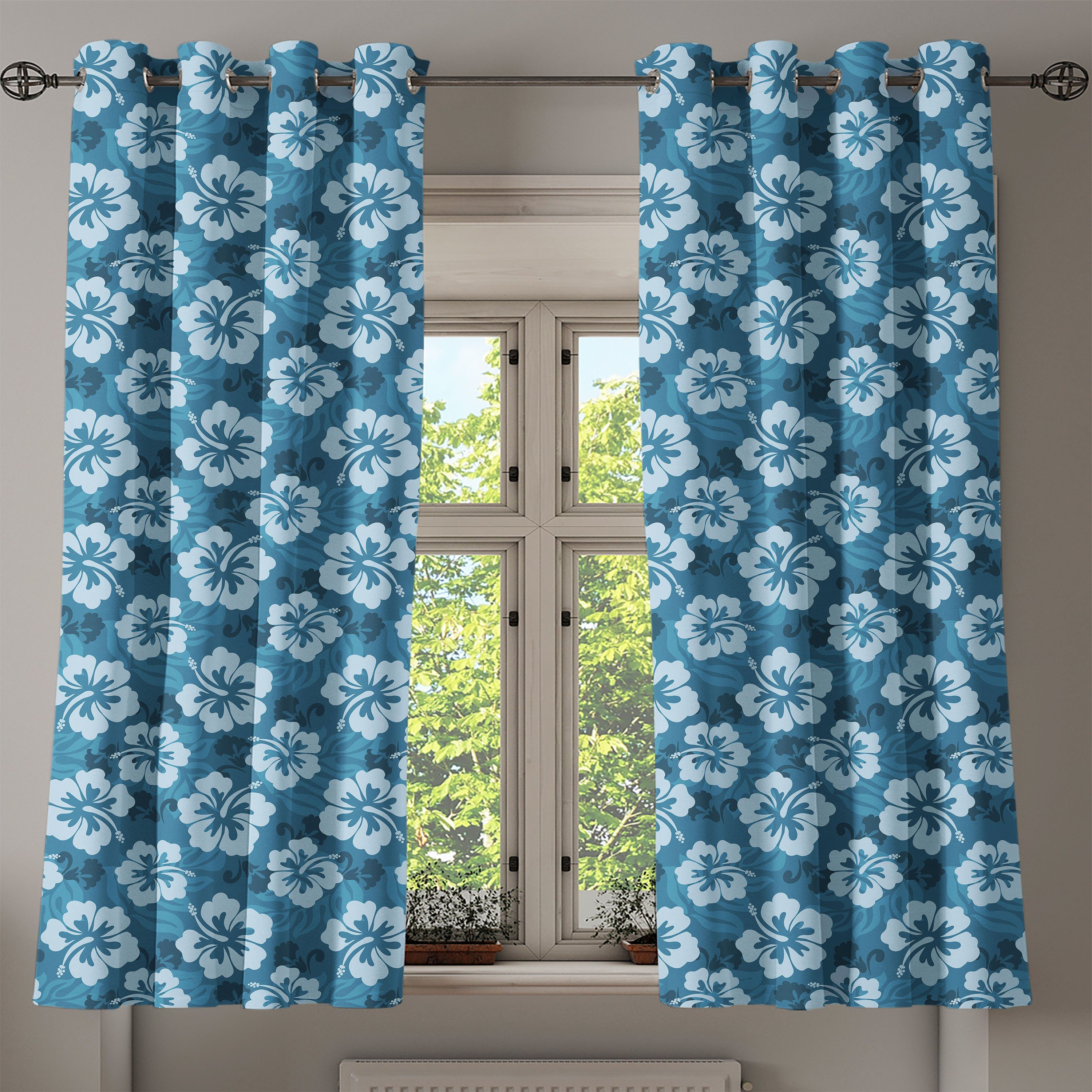 Dekorative Schlafzimmer Hibiscus Gardine Exotische Hawaiian für Wohnzimmer, Blau 2-Panel-Fenstervorhänge Abakuhaus,