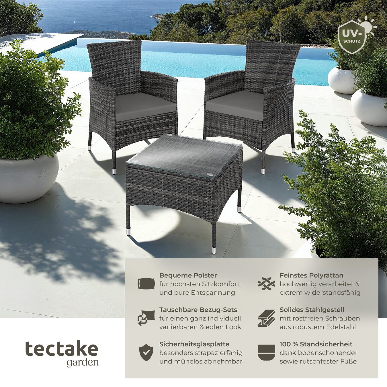 tectake Sitzgruppe Rattan Gartenset für 2 Personen, 2 Bezugssets, (Loungeset Luzern, 5-tlg., für Außen in Grau), widerstandsfähig, UV-beständig, mit Sicherheits – Bild 2 von 5