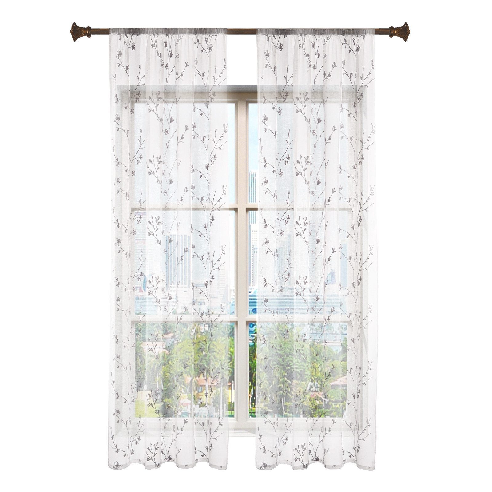 Woltu Gardine (2 St), halbtransparent, transparent Stickerei mit Kräuselband Leinen Optik