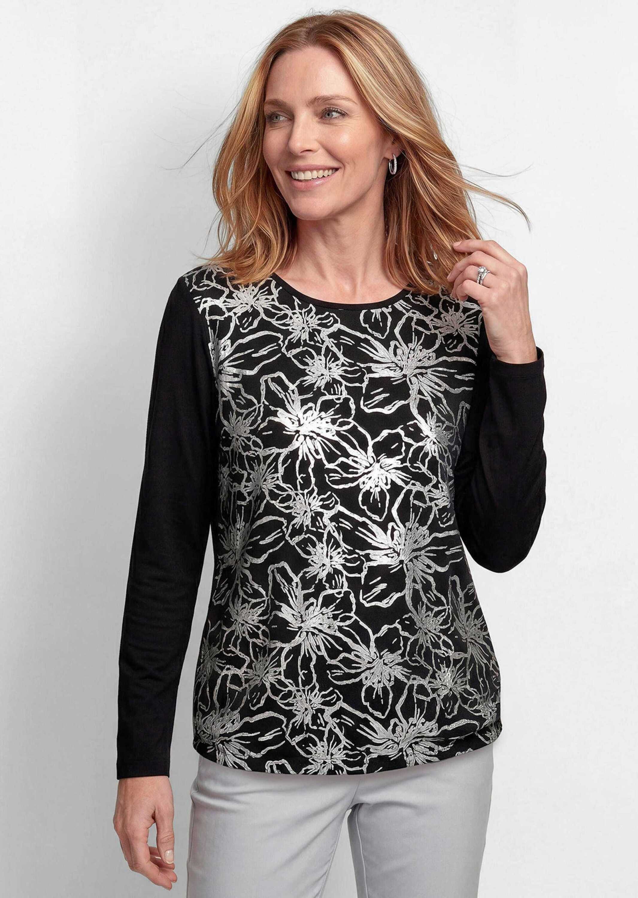 GOLDNER Shirtbluse Kurzgröße: Blusenshirt mit Blumendruck Shirtbluse im Materialmix mit floralem Frontdruck und Viskose-Jersey