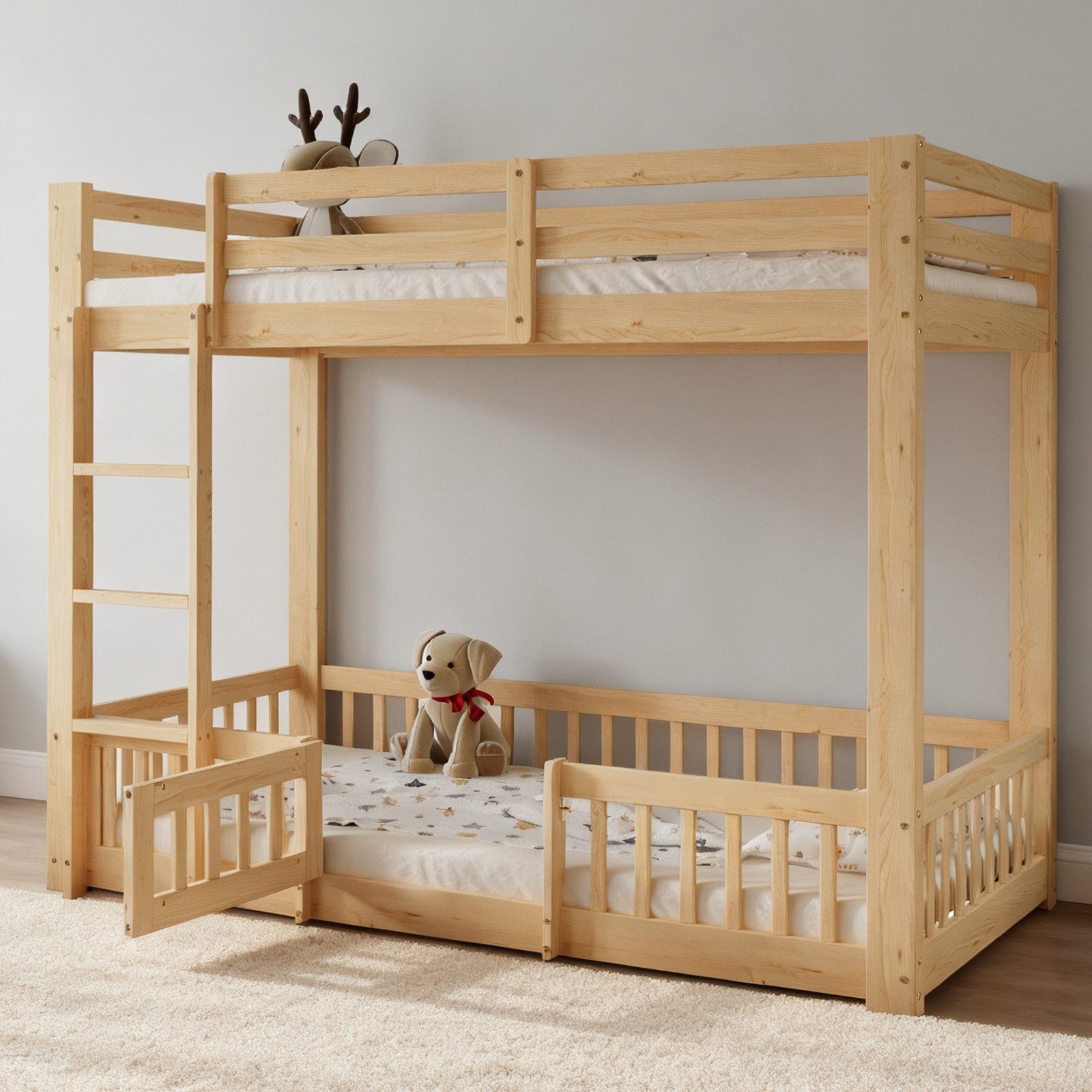 MODFU Etagenbett mit Treppe und Tür (Kinderbett sicherer Spielbereich, Kiefernholz 90x200 cm), ohne Matratze