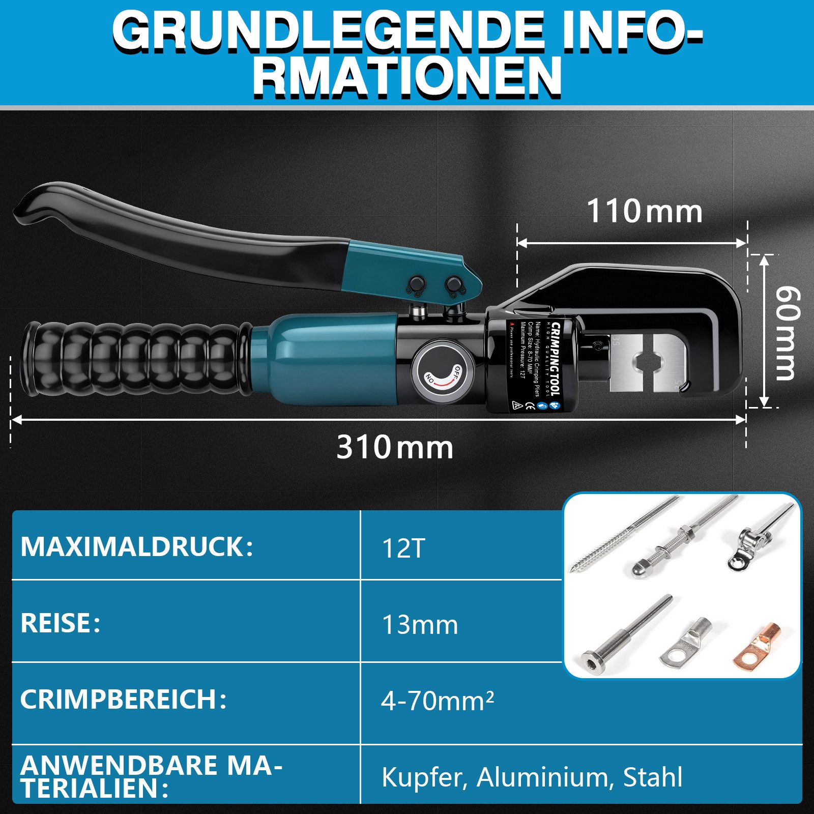 XERSEK Presszange Hydraulische Crimpzange Quetschzange Crimpeinsatz 4-70mm², Kabelschere, Manuelle Hydraulikzange aus Verschleißfester legierter Stahl, Für Schaltungsumbau, Fahrzeugwartung Werkzeugherstellung und mehr.