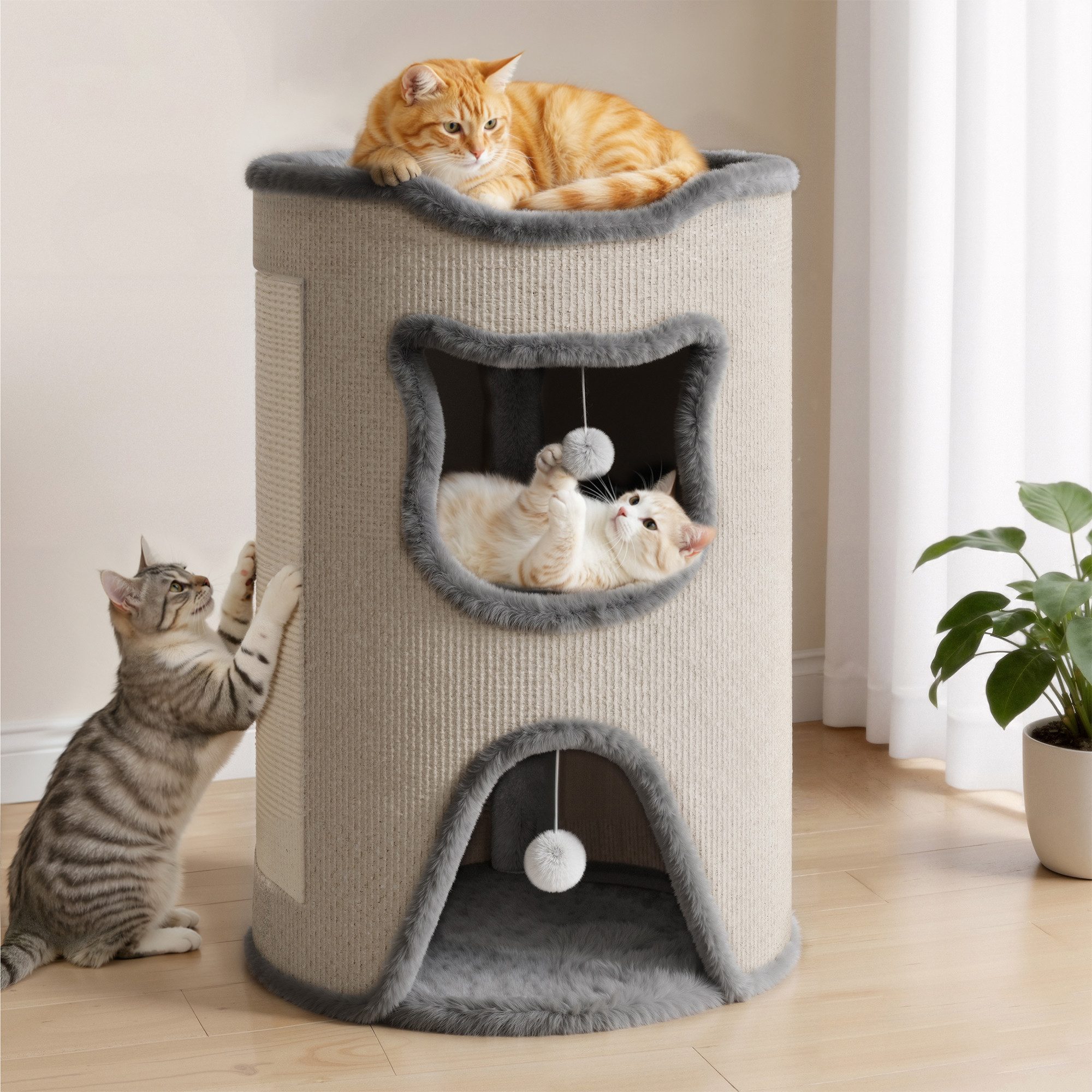 Klyvvo Katzenhaus Großes Katzenhaus, Komfortables Katzenbett, Katzenhöhle, mit Kratzbaum, Spielball, für mittelgroße große Katzen, einlagig