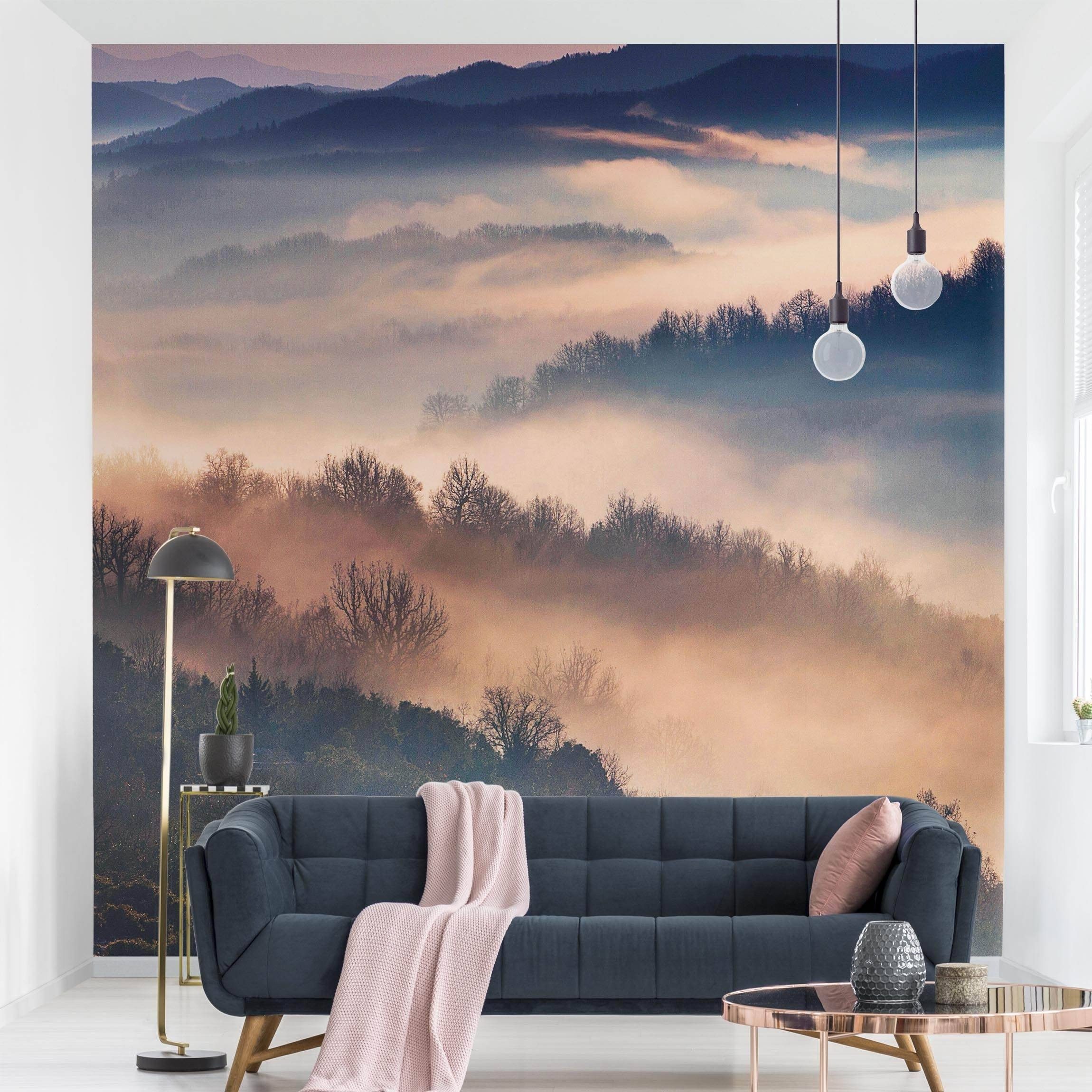 Bilderdepot24 Fototapete Wald Nebel Sonnenuntergang Natur Landschaft Waldtapete Bäume, Glatt, Matt, (Vliestapete inkl. Kleister oder selbstklebend), Wohnzimmer Schlafzimmer Küche Flur Motivtapete Vliestapete Wandtapete