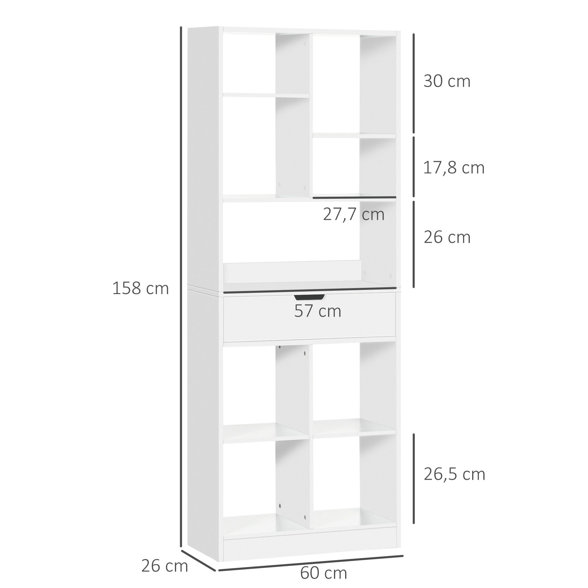 HOMCOM Bücherregal mit Schublade, inkl. cm, Mit 26 9 cm Set 60 cm Regalen x Anti-Kippsicherung, 1-tlg., Weiß, x 158