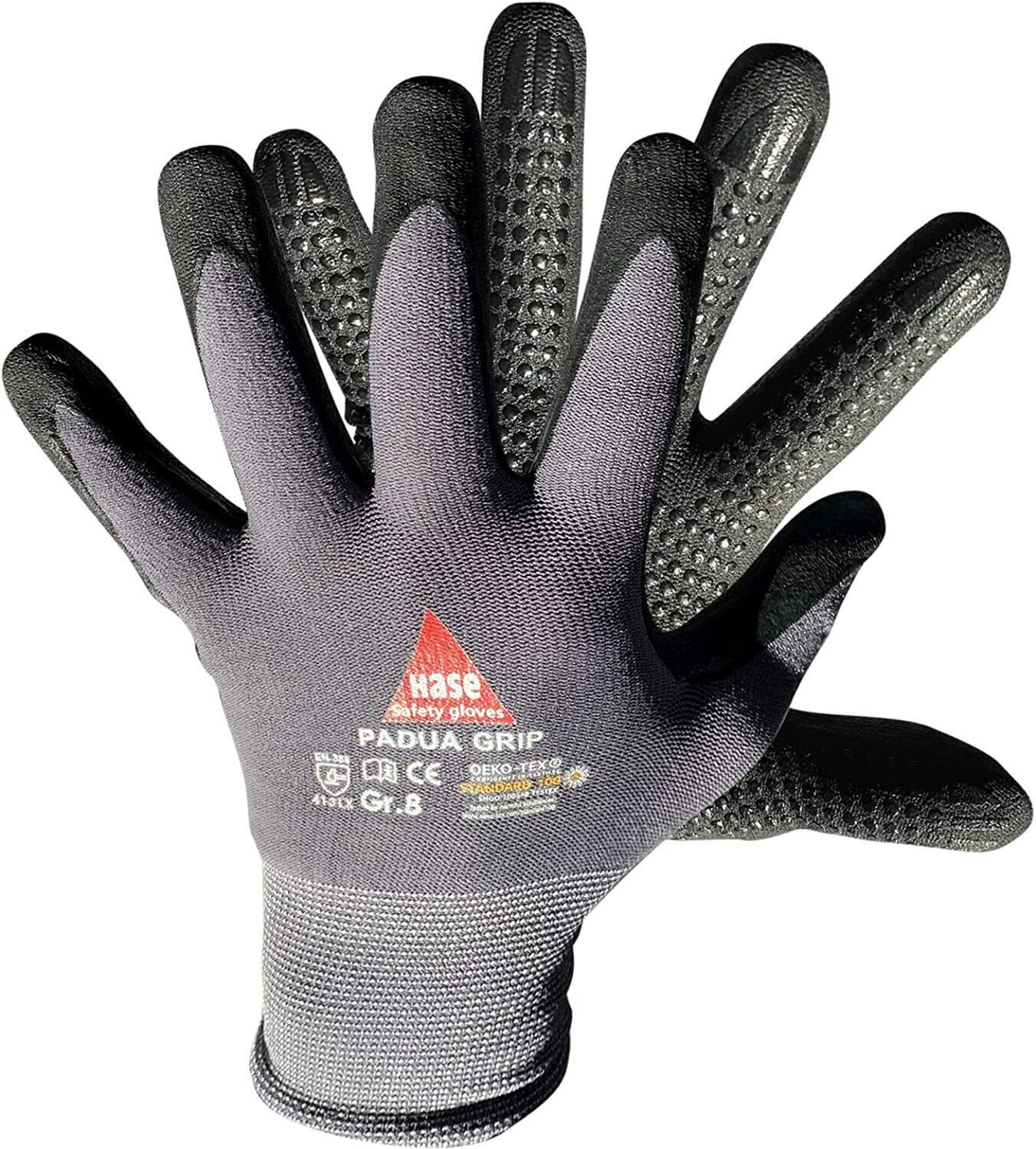 Hase Safety Gloves Arbeitshandschuhe Padua Grip (Packung, 10-St., Montagehandschuh aus Nylon/Nitrilschaum, VPE= 10 Paar, Gr 6-11) Atmungsaktiv, starker Grip