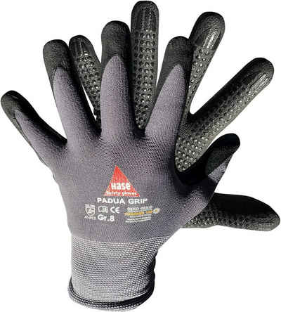 Hase Safety Gloves Arbeitshandschuhe Padua Grip (Packung, Montagehandschuh aus Nylon/Nitrilschaum, VPE= 10 Paar) Atmungsaktiv, starker Grip