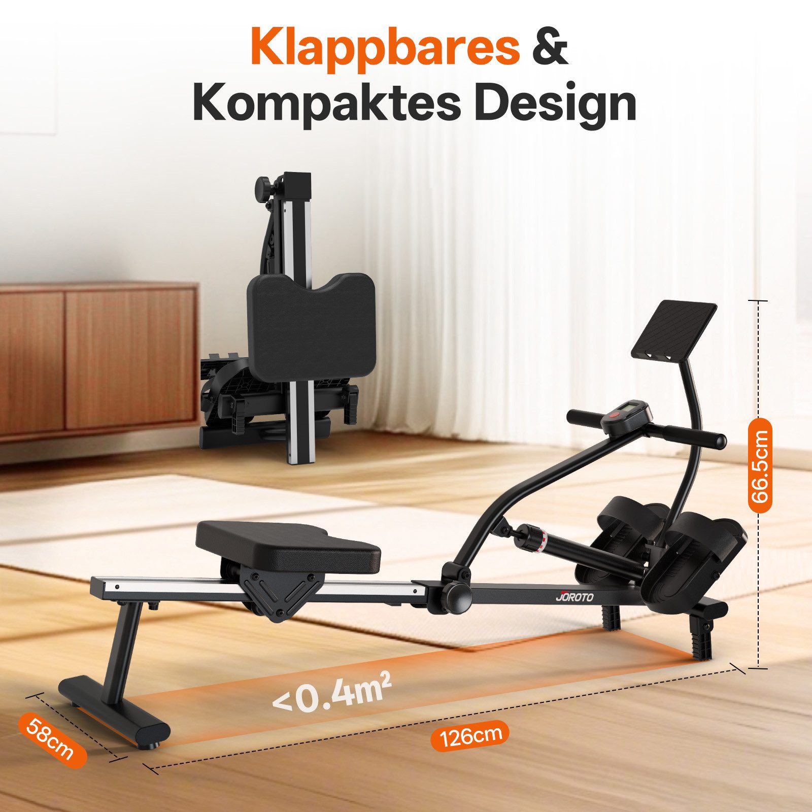 JOROTO Rudergerät Hydraulisches Rudergerät mit 12 Stufen – klappbar, leise, 12 Widerstandsstufen, Hydraulik, 120kg Belastbarkeit