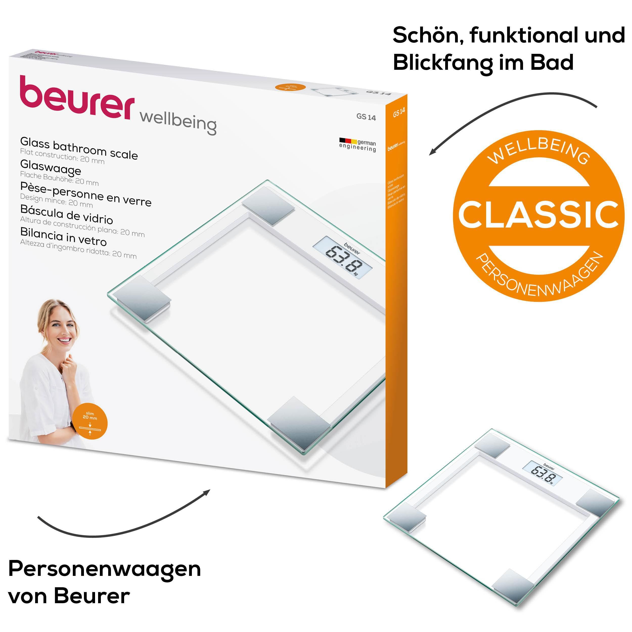 BEURER Personenwaage GS 14 mit Wiegefläche aus extra klarem Sicherheitsglas, Flache Bauhöhe, Tragkraft bis 150 kg, Überlastungsanzeige