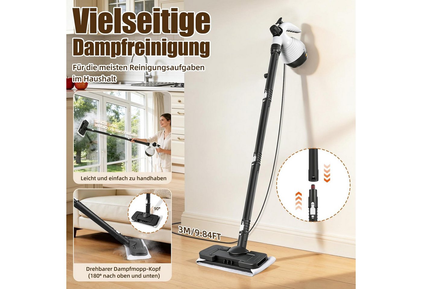 TWUFY Handdampfreiniger Handdampfreiniger Dampfreiniger Handgerät 10-teiliges Zubehörset, 1050 W, 135°C Heißer Dampf, 350ml Wassertank, für Böden Teppiche Polster Badezimmer Autoinnenraumreinigung