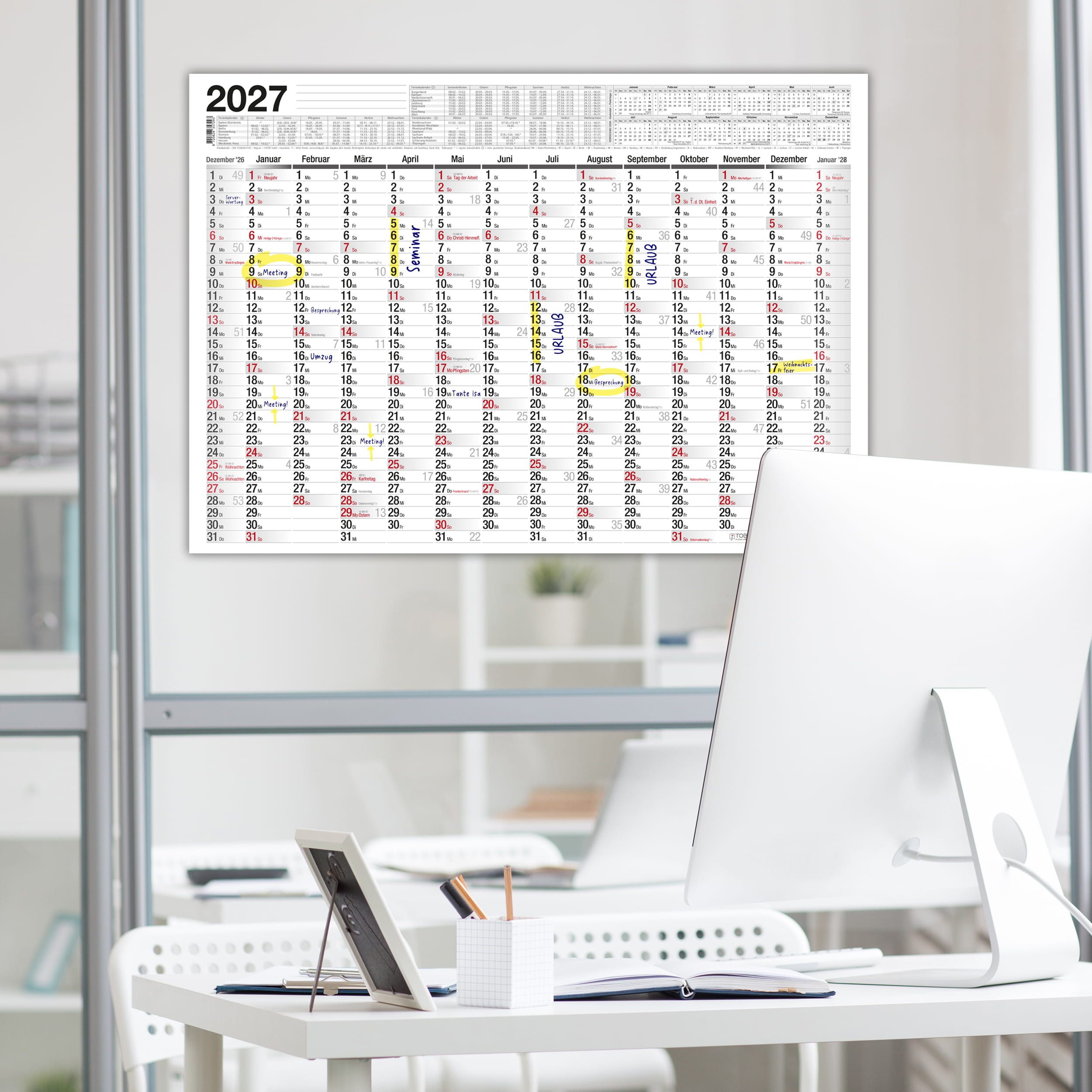 TOBJA Wandkalender Wandkalender 2027 A2 Standard 14 Monate – Jahresplaner quer, 14 Monate, Schulferien DE, KW, Rückseite Jahresplanung – Bild 5 von 5