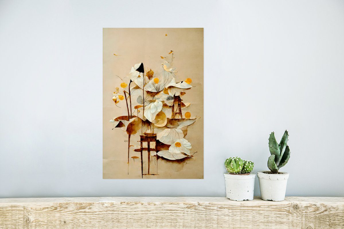 - Wandbild, St), Rahmen Poster Poster, MuchoWow Vintage, Blumen - Pflanzen (1 Wohnzimmer, Ohne für - Wandposter Weiß