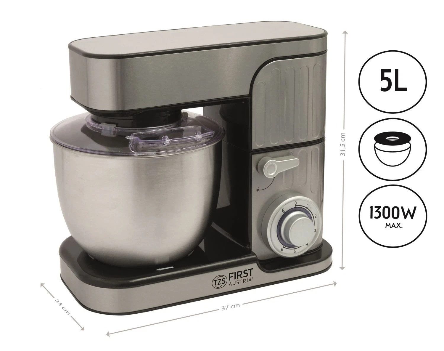 TZS FIRST AUSTRIA Küchenmaschine FA-5259-7, 1300.00 W, 5.00 l Schüssel, 1300 W, 6 Geschwindigkeitsstufen, 5-Liter-Behälter