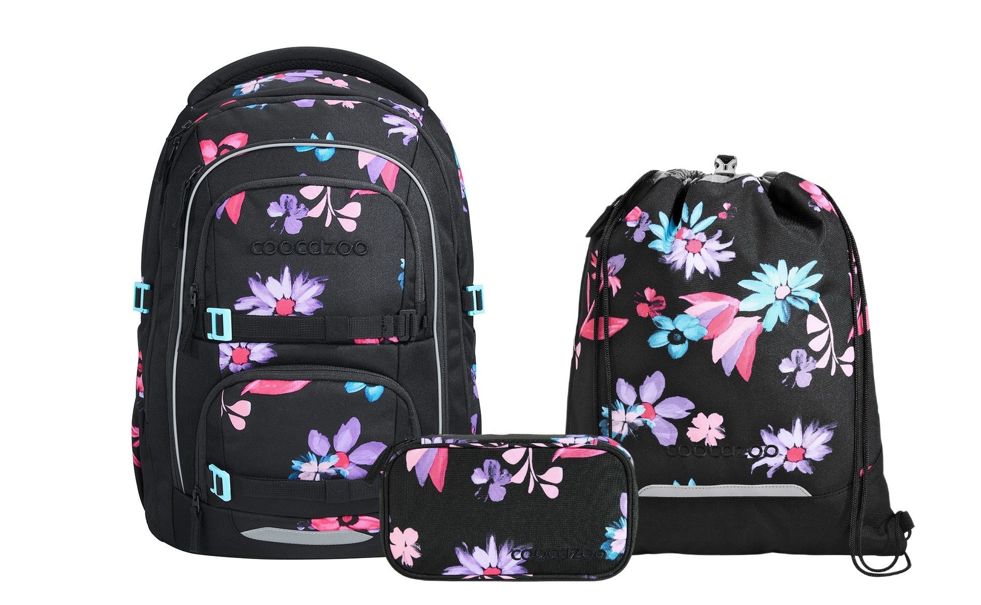 coocazoo Schulranzen Schulrucksack-Set PORTER, Floral Artnight 3-teilig (3-teilig), ergonomisch, Körpergröße: 135 - 180 cm, Easy-Grow-System