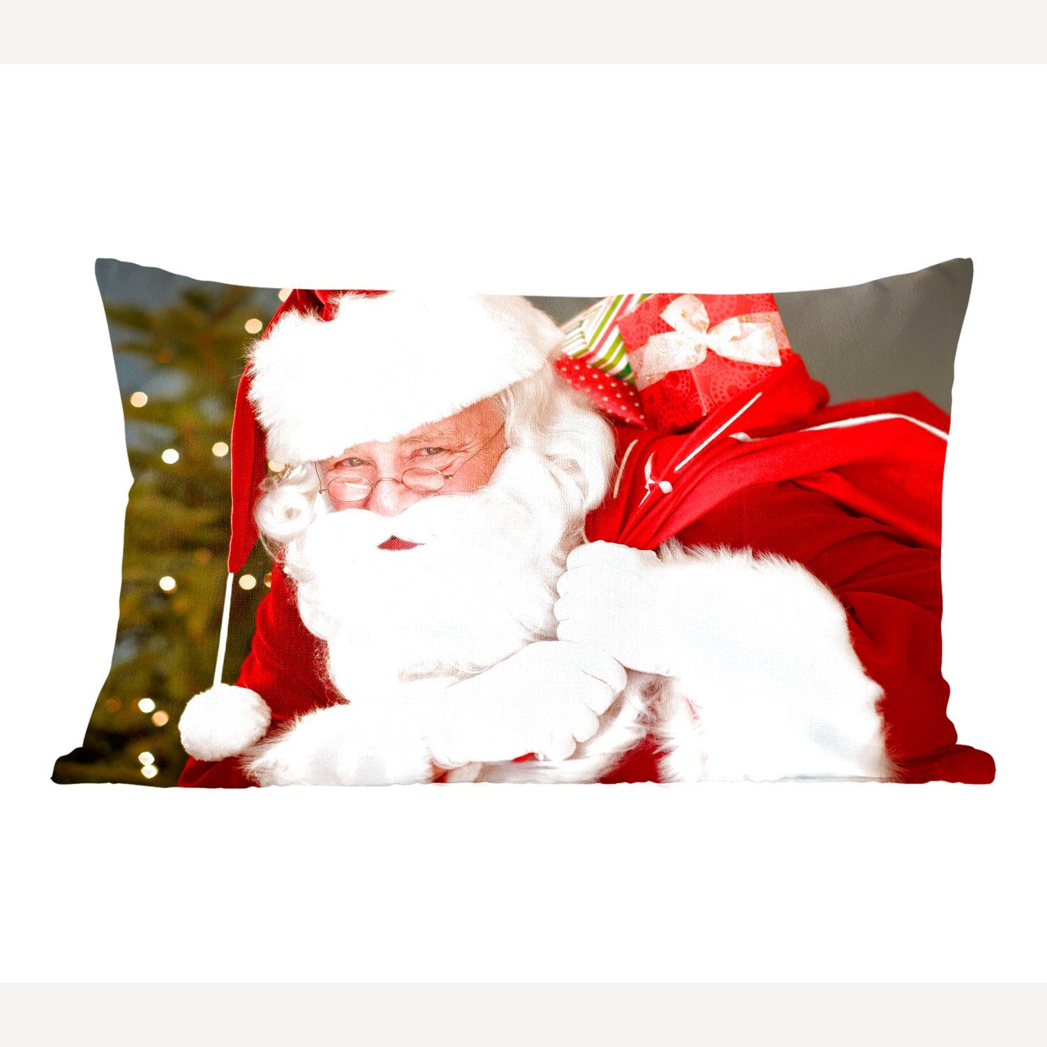 der roten MuchoWow Weihnachtsmanns, mit Wohzimmer Füllung, Dekokissen der, Sack über des Ein Schlafzimmer Dekokissen Dekoration, Porträt einen Zierkissen,