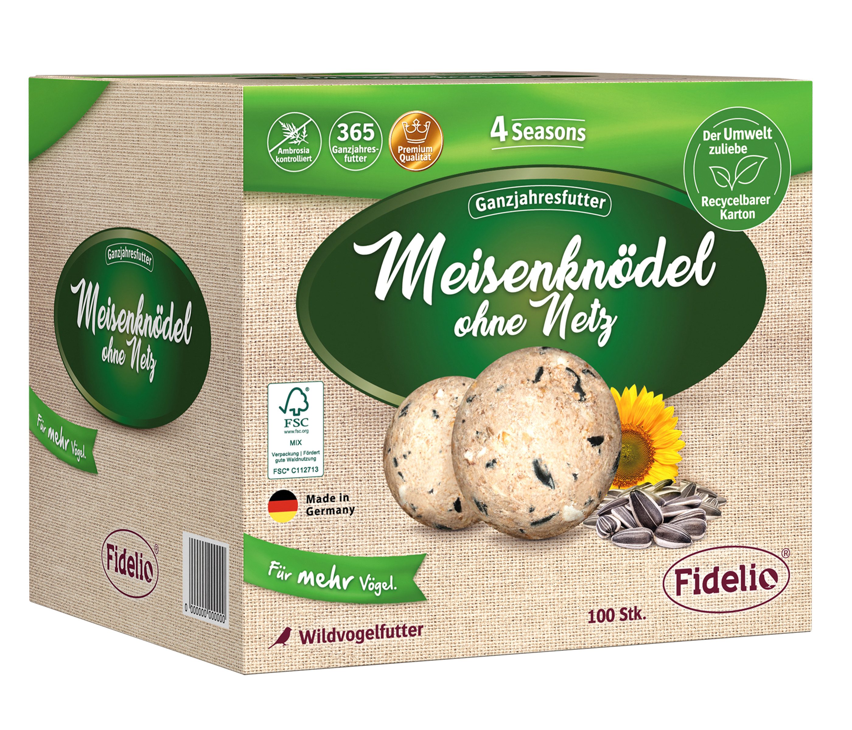 Fidelio Meisenknödel ohne Netz, für Wildvögel, 100 Stück im Karton, 8.3 kg, ganzjähriges Wildvogelfutter proteinreich / energiereich